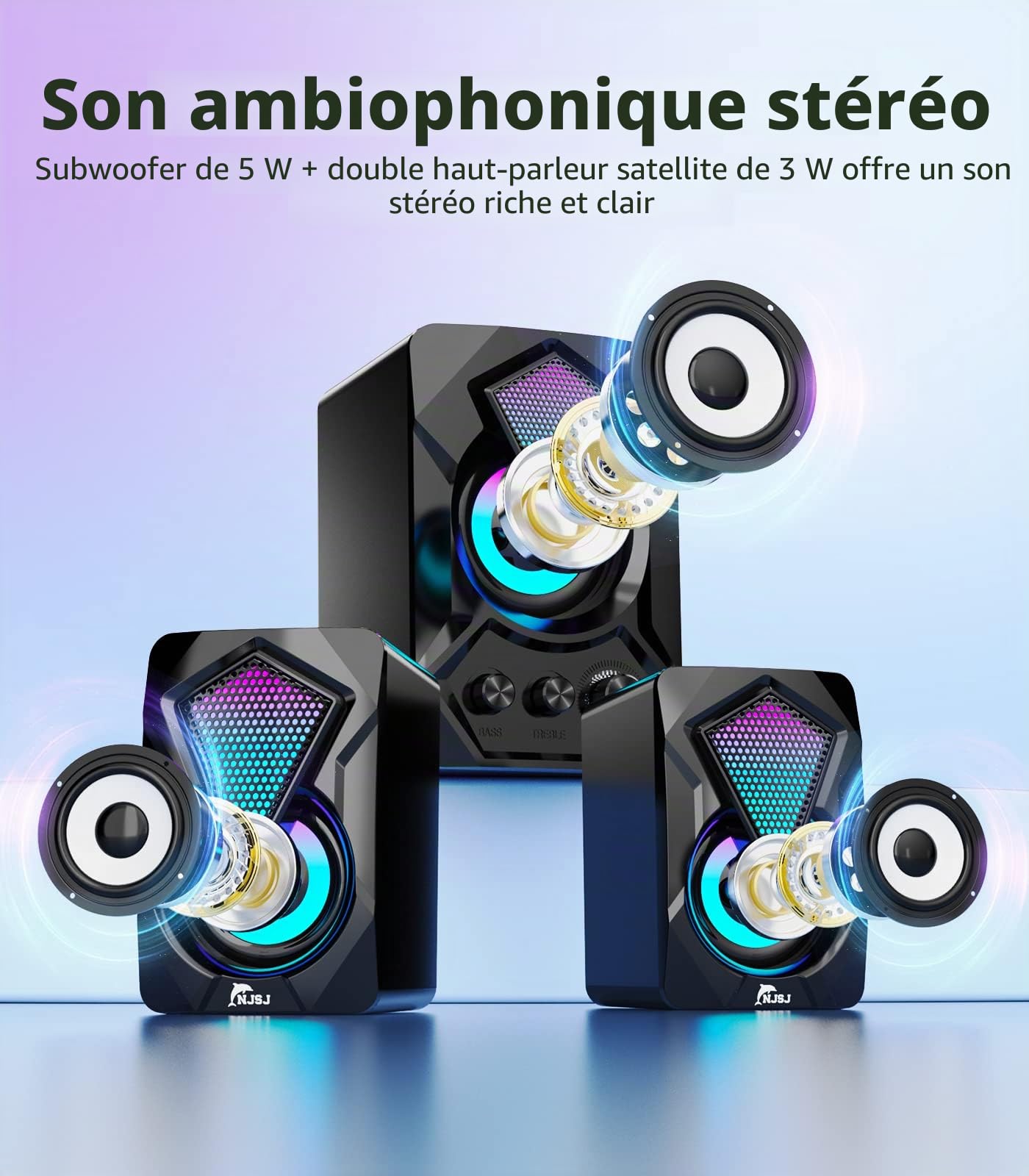 njsj 2.1 Enceinte PC avec Caisson de Basses, Système d'enceintes de Jeu LED RVB Son Riche, Audio 3,5 mm, Basse alimentée par USB pour PC, PS4/5,TV, Smartphone,Tablette,Lecteur
