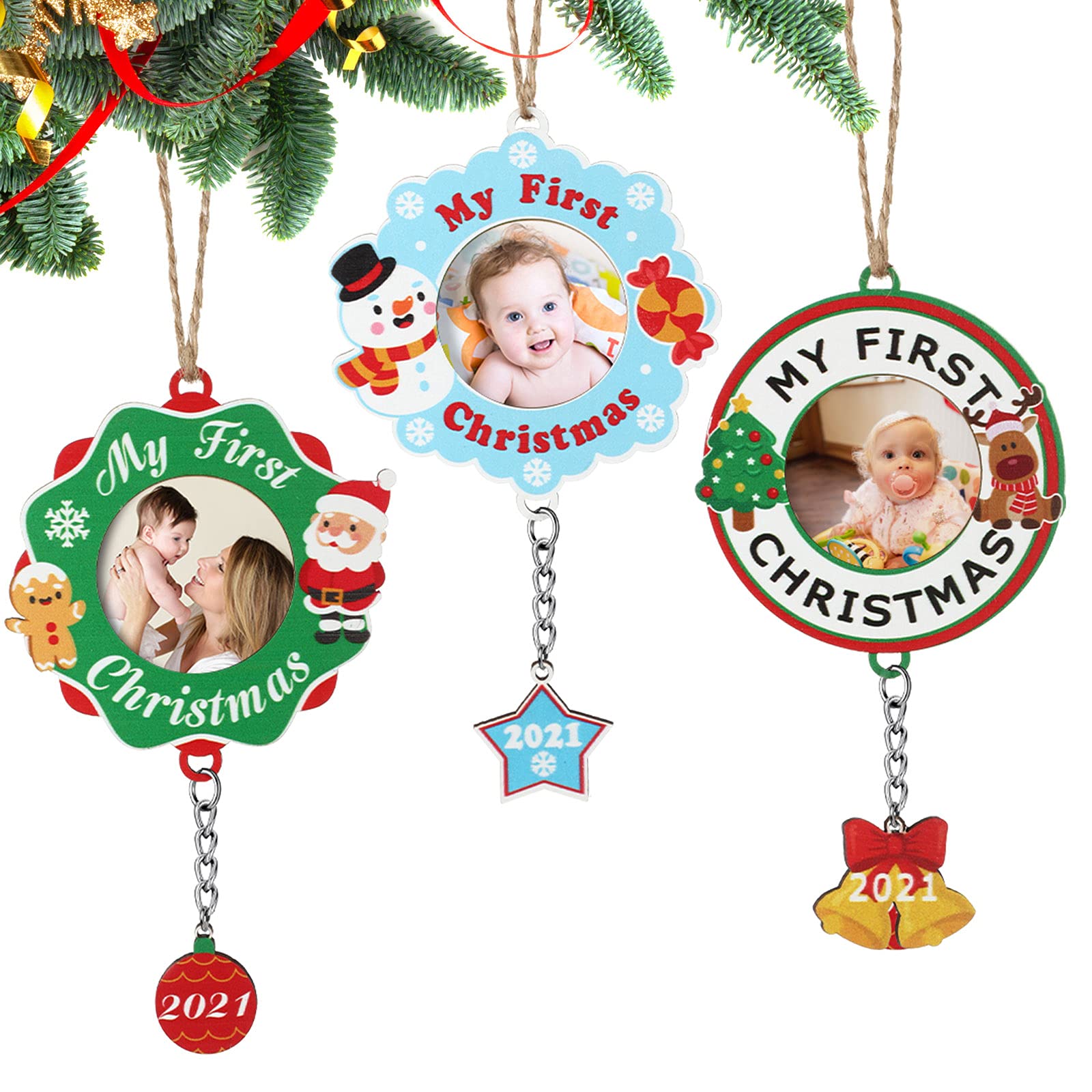 Blulu 3 Pieces My First Christmas 2021 Year-Dated Picture Frame Round Decorative Baby Photo Frame Xmas Wooden Dated Christmas Ornaments for Holiday Office Home Decoration