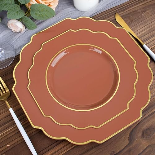 Miniatura 6 de Efavormart - Paquete de 10 platos de postre de plástico duro de terracota de 8 pulgadas, vajilla desechable, platos de ensalada barrocos resistentes