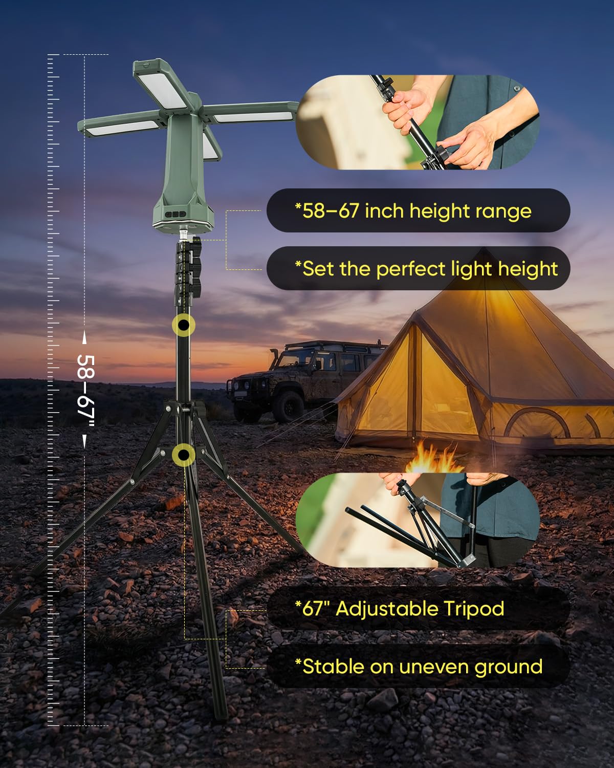 SakerNeo 20.000 mAh wiederaufladbare Campingleuchte mit Ständer, tragbares Arbeitslicht | 6500 Lumen, 2700 K-6000 K, dimmbar, höhenverstellbar, mit Magnetfuß, für Zelt, Notfall, Außenbereich