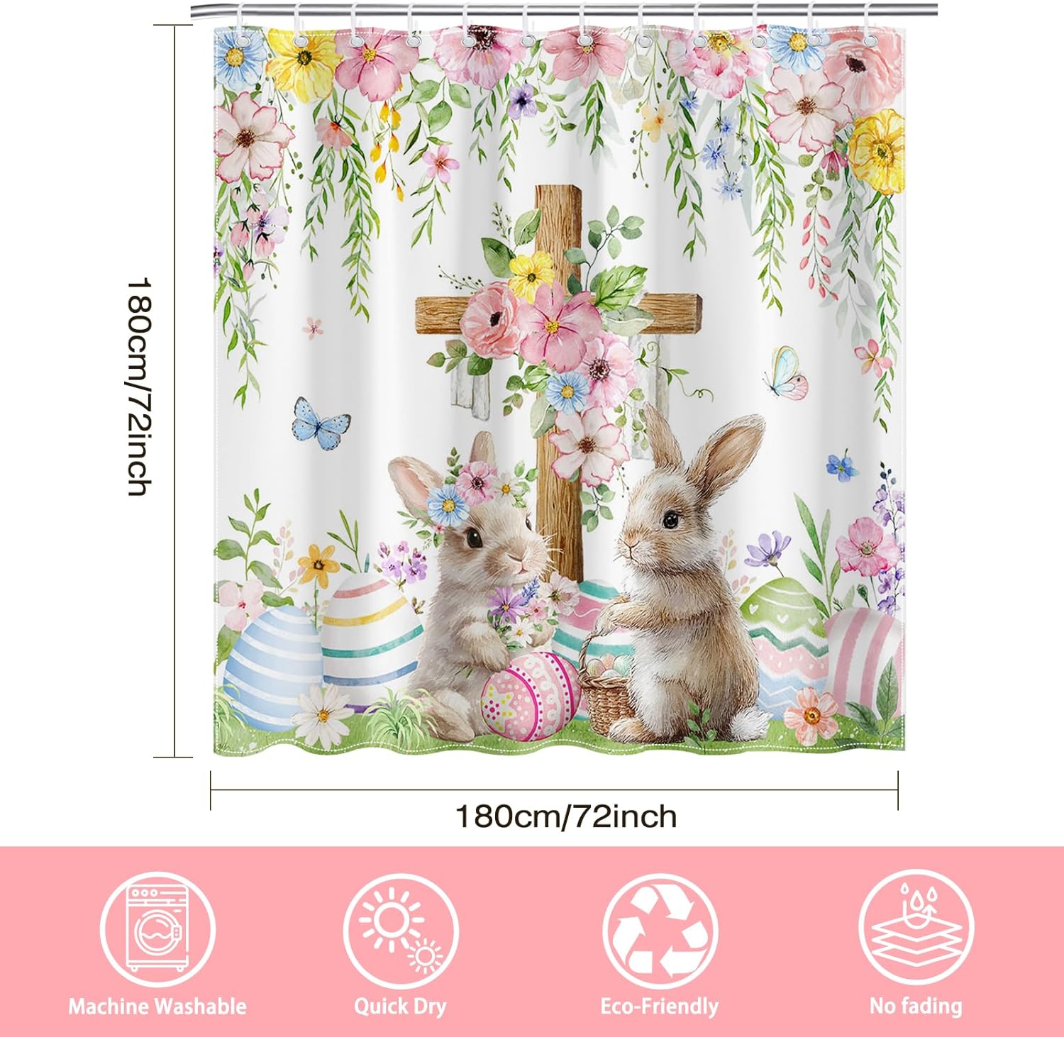 Mocsicka Easter Bunny Shower Curtain Easter Eggs Spring Floral He is Risen Cross Bathroom Shower Curtain Waterproof Fabric Shower Curtains Bathtub Decor with 12 Hooks 72 X 72 Inches