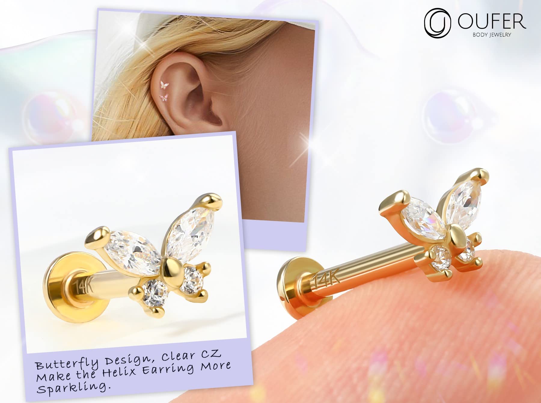 OUFER Body Piercing Piercing para labio de oro macizo de 14 quilates, 16 g, sin rosca, para labio, hélice, tragus, cartílago, oreja, lóbulo de oreja