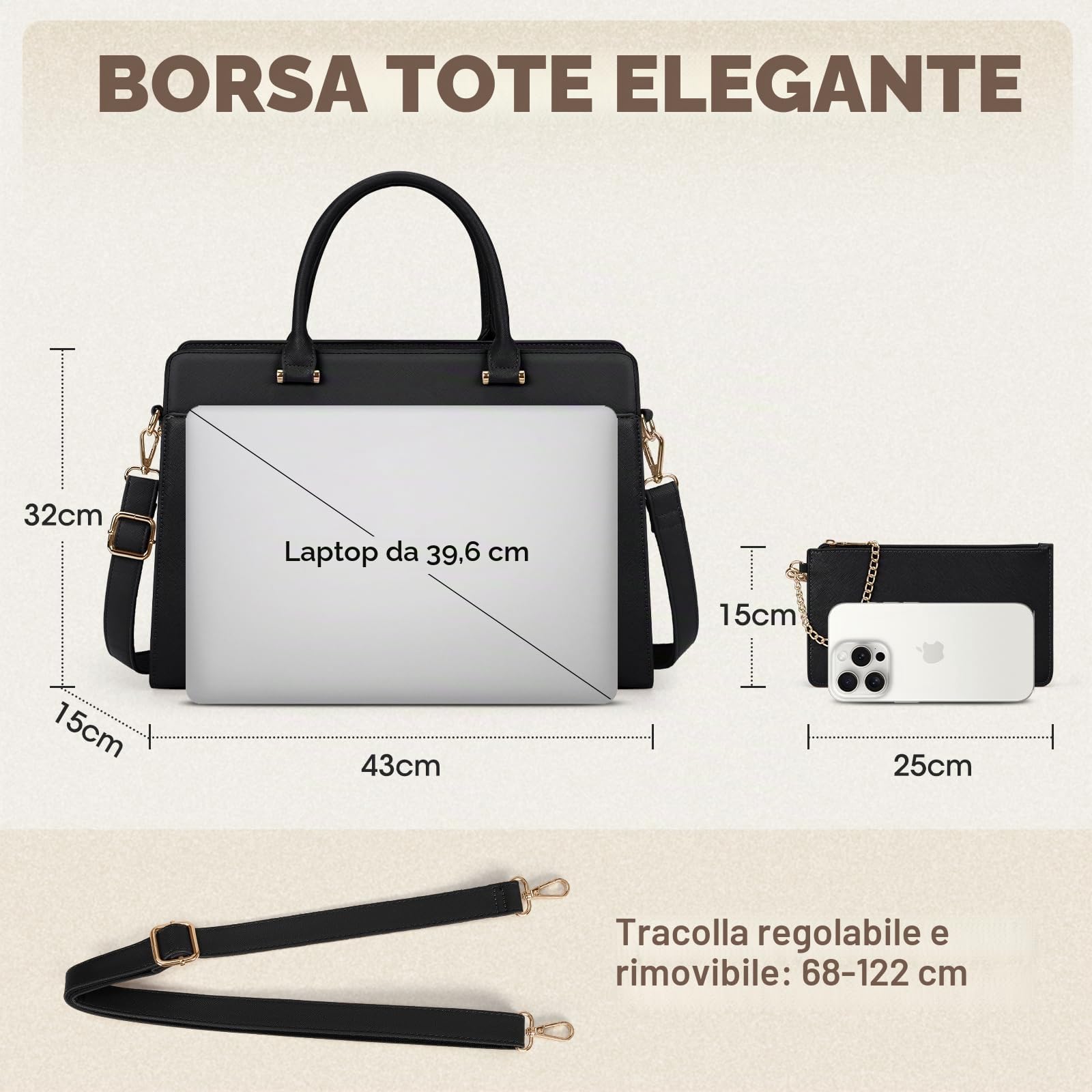 RAINSMORE Borsa Donna Università Grande per Lavoro - Tote Bag in Pelle PU, Tracolla Firmata, a Spalla