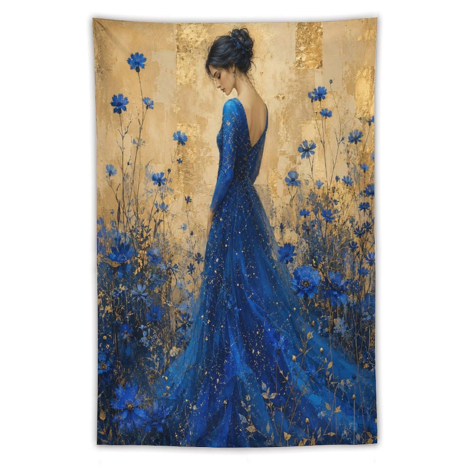 W7C8U2X3 Blue Dress Woman Flower Field Wall Tapestry, Bedroom