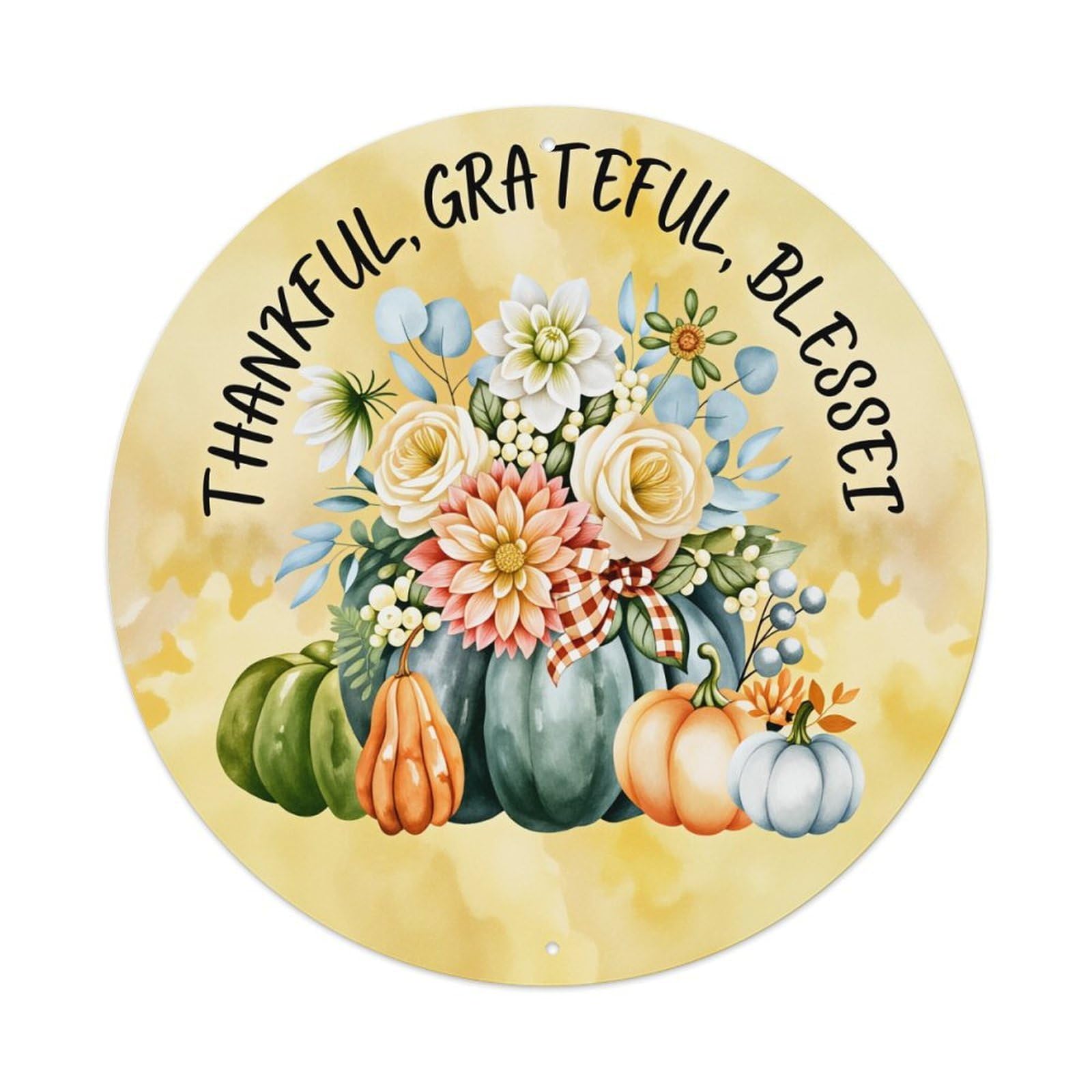 Thankful Grateful Blessed Autumn Harvest Round Tin Sign Vintage Metal Poster Retro Bar, Home, Man Cave, Kitchen, Laundry Room Wall Art Decor Gift 8x8In