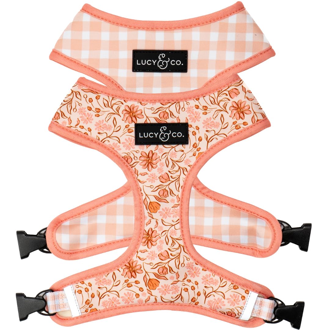 Lucy & Co. Cute Reversible Dog Harness Walking Halter - Best Designer Pet Harnesses for XS - XL Dogs - Padded Adjustable Vest for Easy Walking-XLarge-Peach Pink Floral Plaid โ image 1
