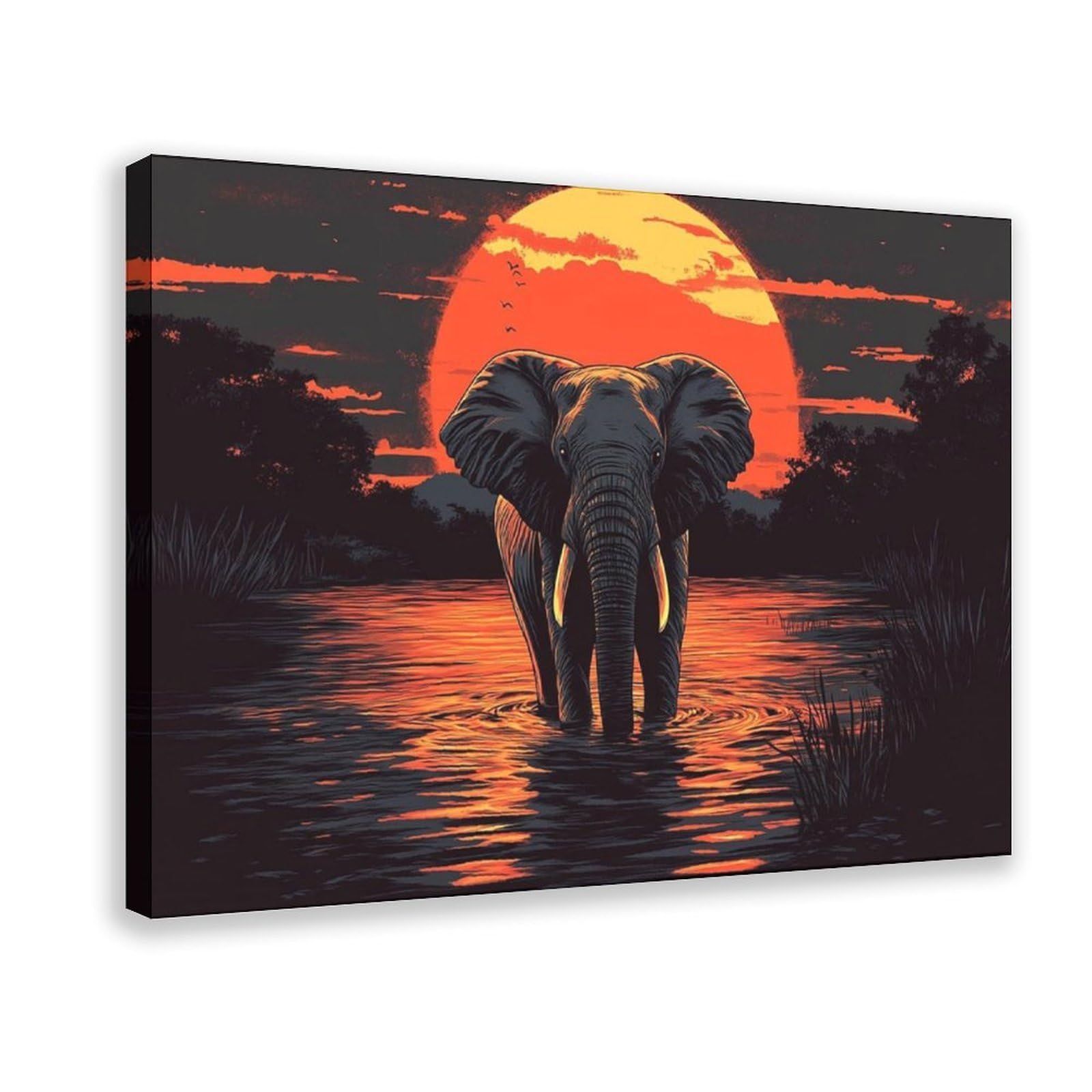 Pyberon Frame-Style Elephant Sunset, African Wildlife Canvas Poster For Bedroom Decor Gift