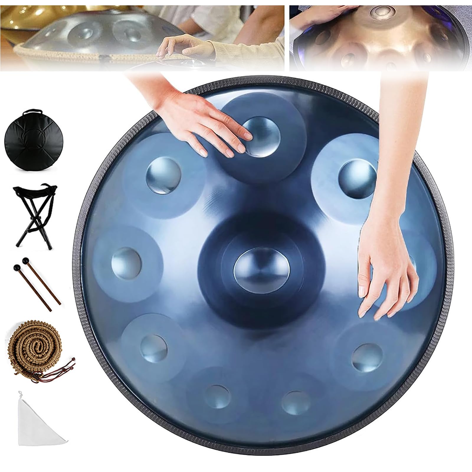 Handpan Drum Instrument 9/10 Notes, 22 Pouces en D Mineur - Tambour à Main en Acier Avec Sac Soft, 2 Maillets, Stand - Pour la Guérison Sonore, Méditation