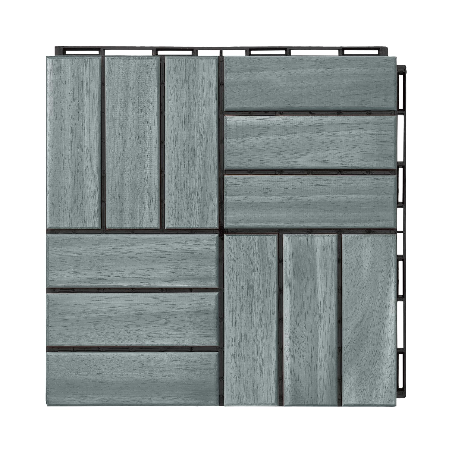 Lot de 10 dalles de terrasse emboîtables en acacia, 30,5 x 30,5 cm, résistantes à l'eau pour intérieur et extérieur, couleur grise, joint carré, motif à rayures (12 lattes)