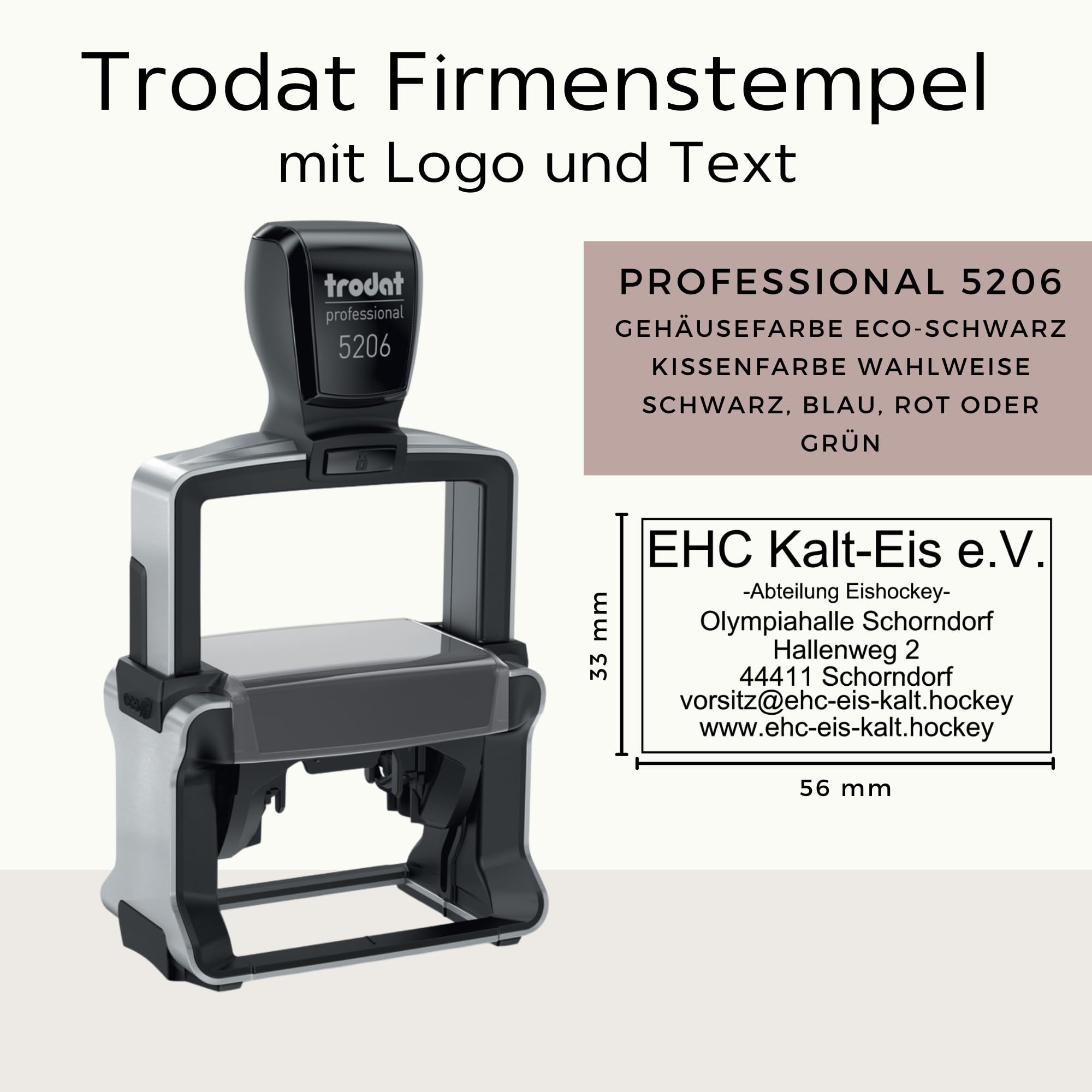 Trodat Firmenstempel mit Logo und Text – Professional 5206 – Personalisierter Stempel zum Bestellen mit bis zu 7 Zeilen, Abdruck 56x33 mm