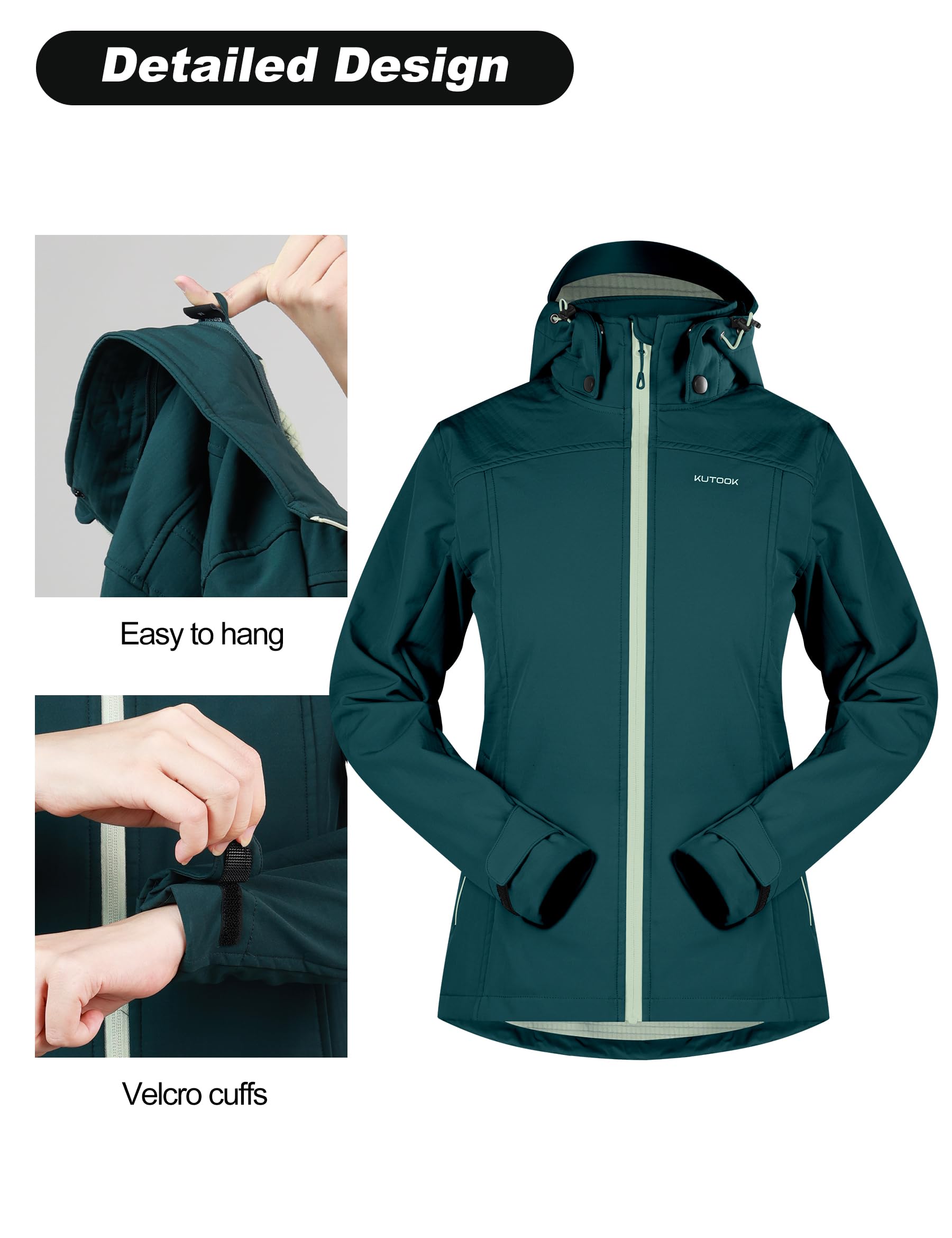 KUTOOK Chaqueta Softshell Ciclismo para Mujer Invierno Impermeable Cortavientos Chaqueta con Capucha Forro Polar para SenderismoTrekking Montaña Escalada