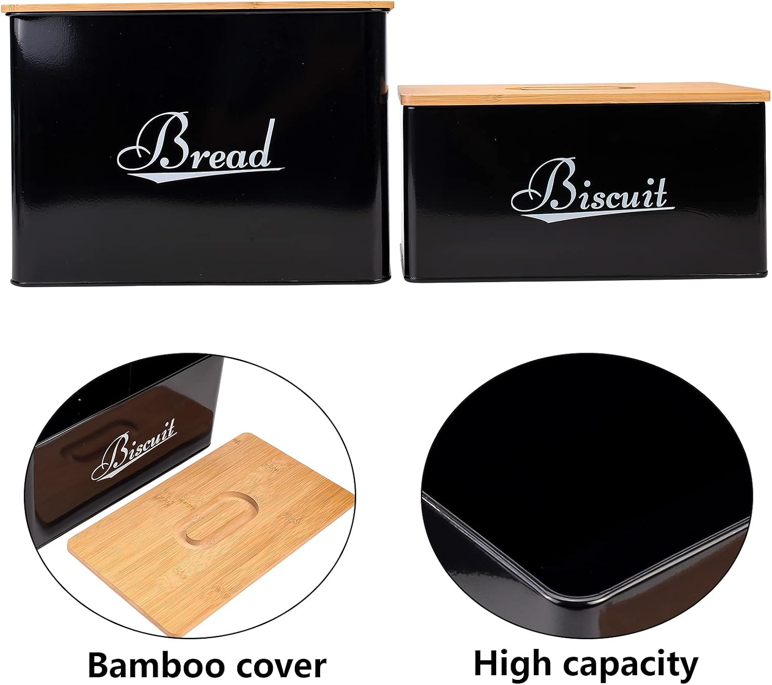 Xbopetda Bread Box & Biscuit Tin Set, Metal Storage Container with Bamboo Lid, Kitchen Counter Canister - Ideal for Storage Cookies, Crackers, Biscottiera, Bread, Croissant & Snack - Black