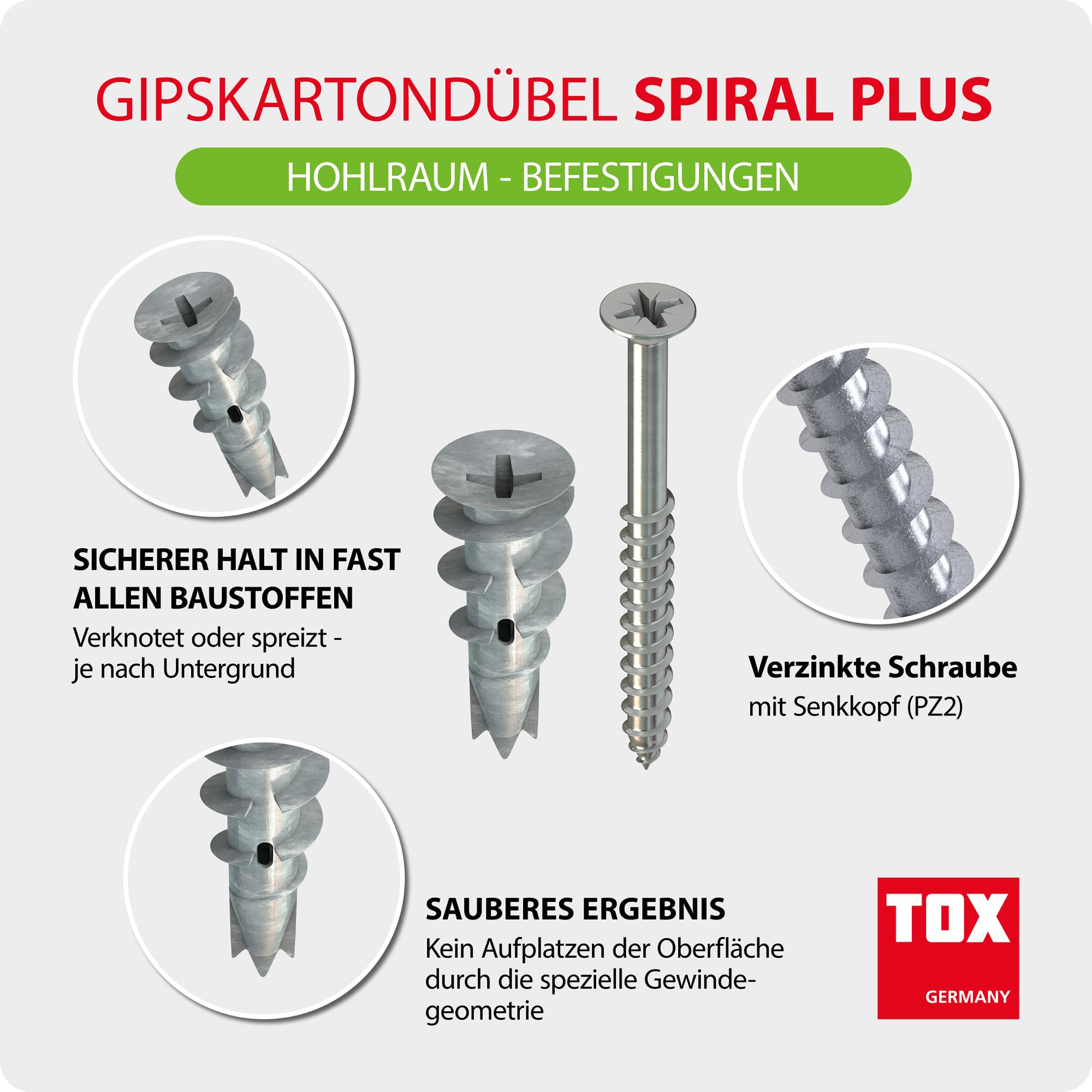 TOX Tassello per cartongesso Spiral Plus + S (versione fibra di gesso) – Tassello 32 mm con vite PZ2 inclusa, per pannelli a uno o due strati, senza preforatura, 25 pezzi, codice 06819172