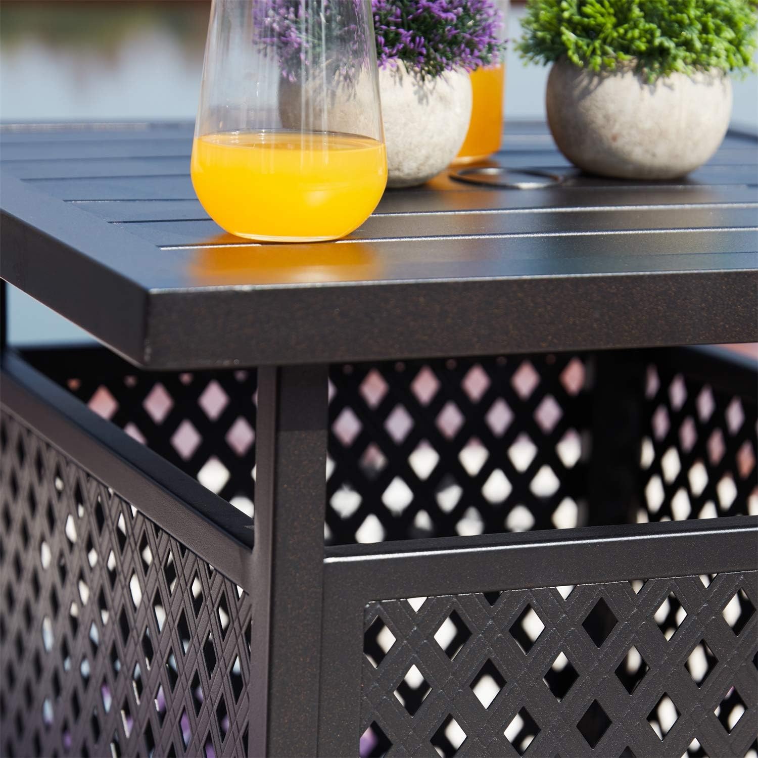 PatioFestival Outdoor Square Side Table Black Metal Frame Tables Patio Dining Bistro Table with Umbrella Hole Deck Garden Pool Furniture (22'' x 22")