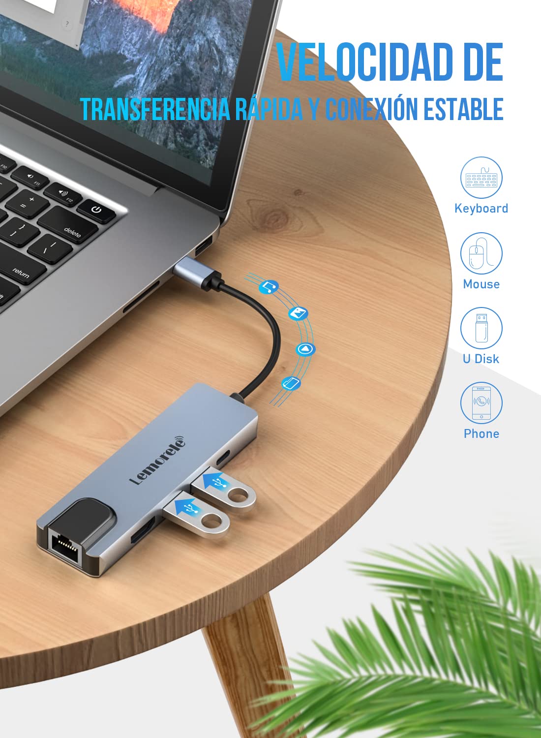 Lemorele Hub USB C con Ethernet, Adaptador USB C 5 en 1, Adaptador multipuerto con 4K HDMI, Ethernet LAN RJ45, 2 USB 3.0, PD 100W, Dock USB C para MacBook Pro/Air, ChromeBook, Switch, etc