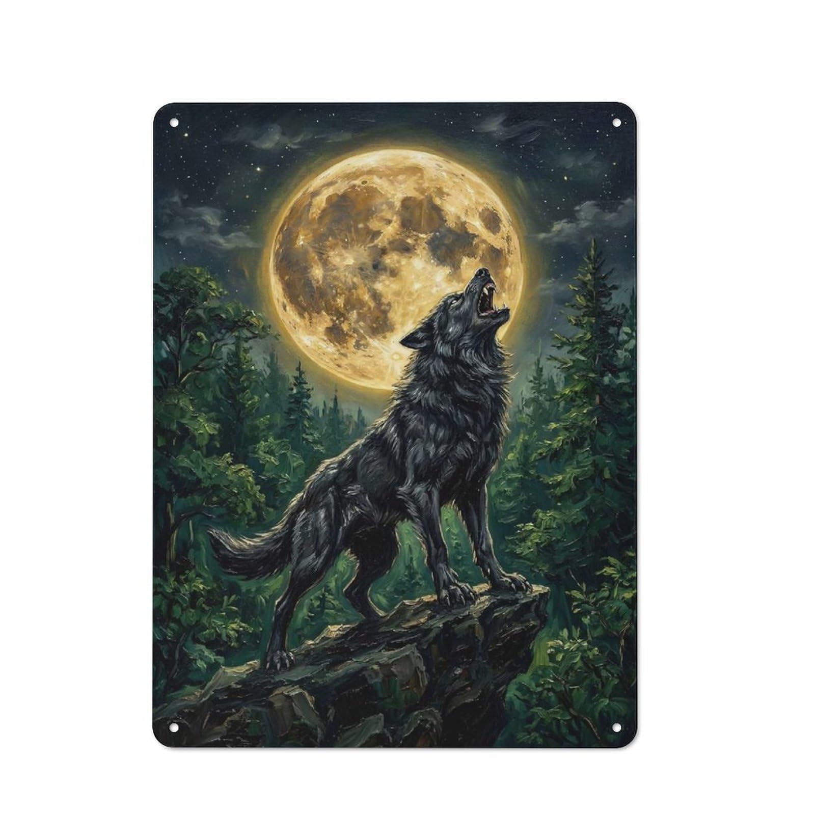 Wolf Howling at The Full Moon Rustic Metal Wall Decor 40x30cm, Decorative Metal Plaque for Shed, Garden Room, Porch Or Garage