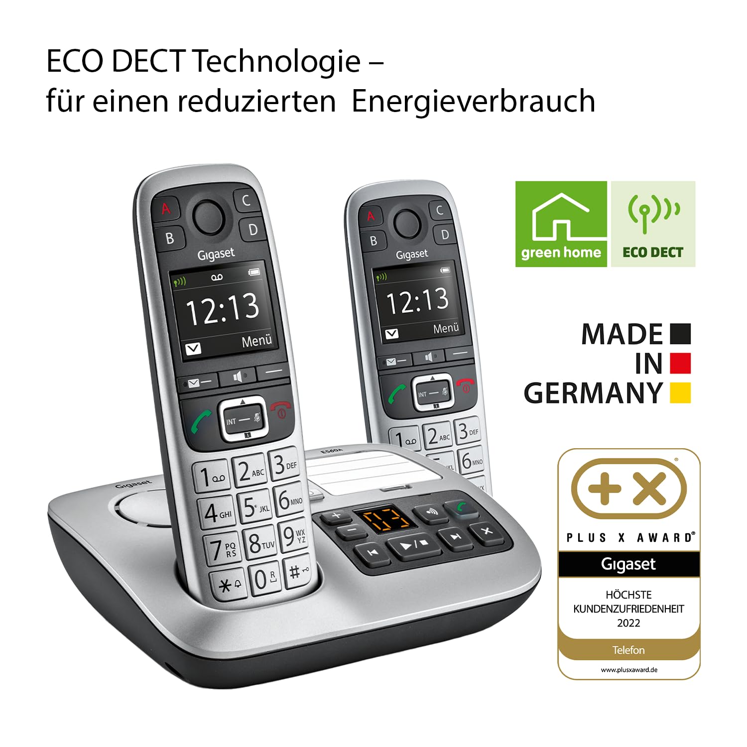 Gigaset E560A & E560HX - 2 DECT-Mobilteile mit Anrufbeantworter - Schnurloses Senioren-Telefon - Notruf mit 4 Nummern - Extralaut-Taste - Tastenfeld mit extragroßen Tasten, Silber