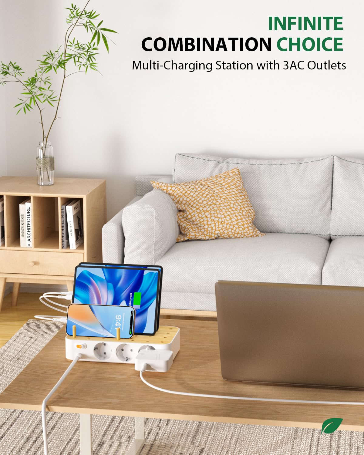 Station de charge USB C Bamboo pour plusieurs appareils, 60W, 6 ports, 3 prises secteur, 3 USB C, 3 USB A, cordon d'alimentation de 2 m pour lPhone, lPad et tablettes(6 câbles inclus),blanc
