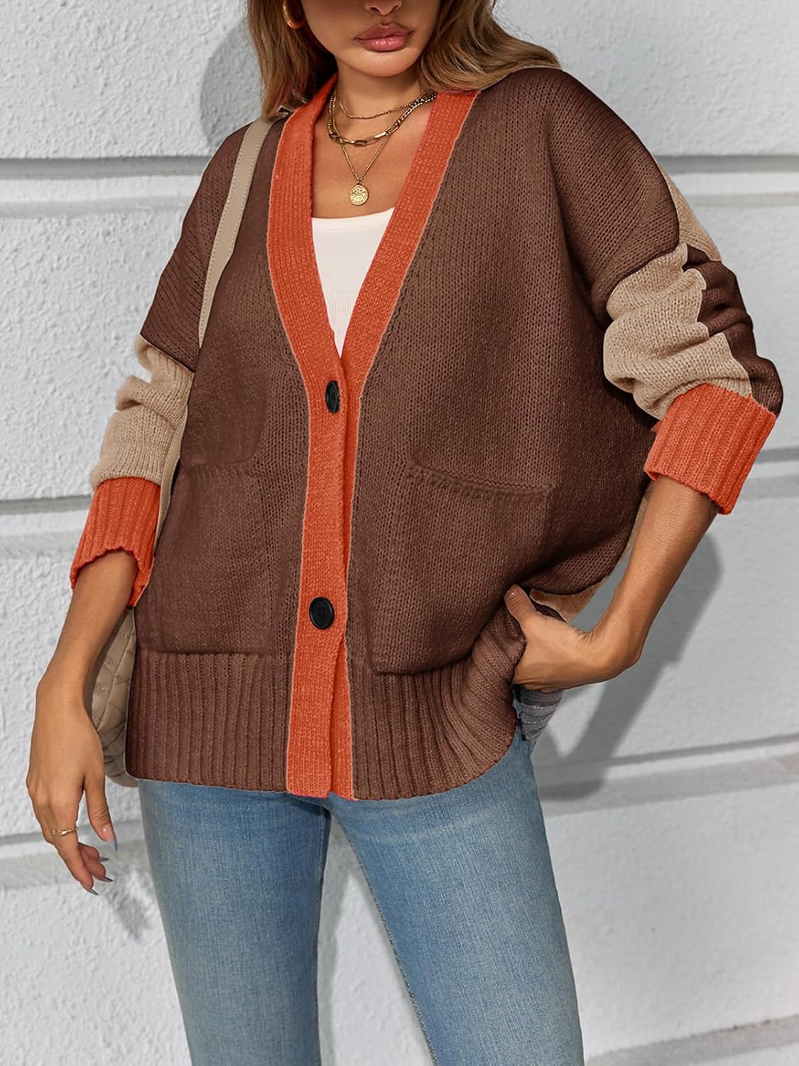 Saodimallsu Womens V Neck Cardigan Sweaters Color Block Button Oversized Long Sleeve Open Front Knit Sweater Coats - Image 3