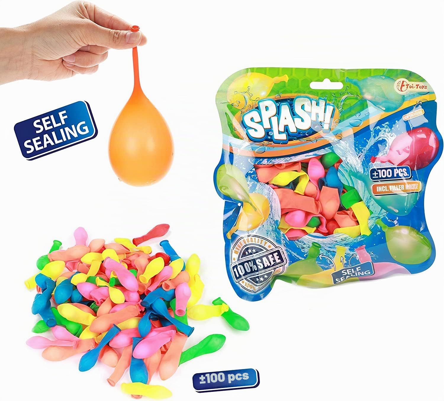 Toi-Toys Ballons D'Eau Auto-Fermants – Lot De 100 – Bataille D'Eau Rapide – Multicolore – Plage, Jardin, Piscine