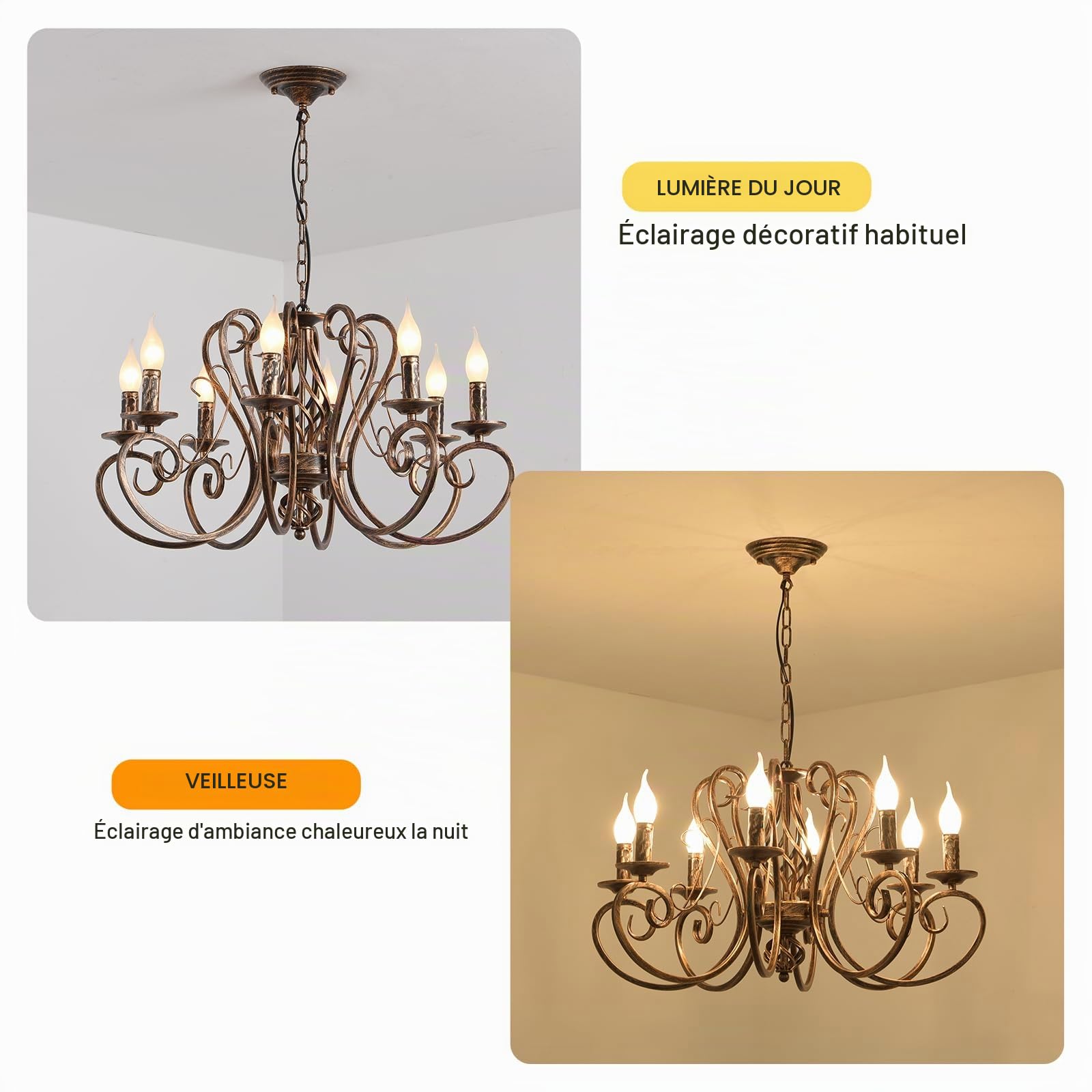 Ganeed Lustre Français Pays Bronze 8 Lumières Métal | Vintage rustique suspendu réglable pour cuisine salon éclairage chaleureux