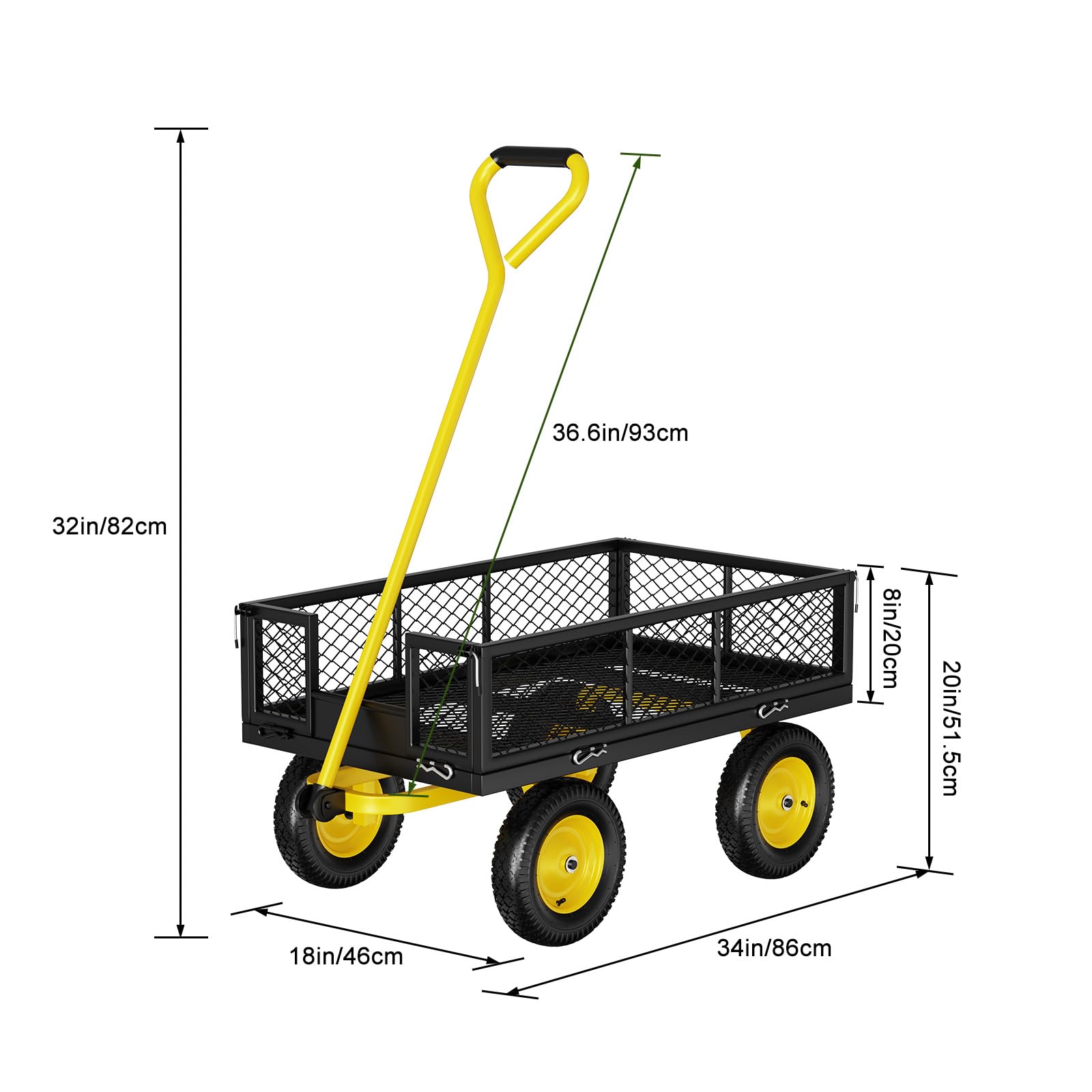 Carrito de jardín (300 kg, 4 ruedas, remolque exterior con asa giratoria 180° y laterales desmontables