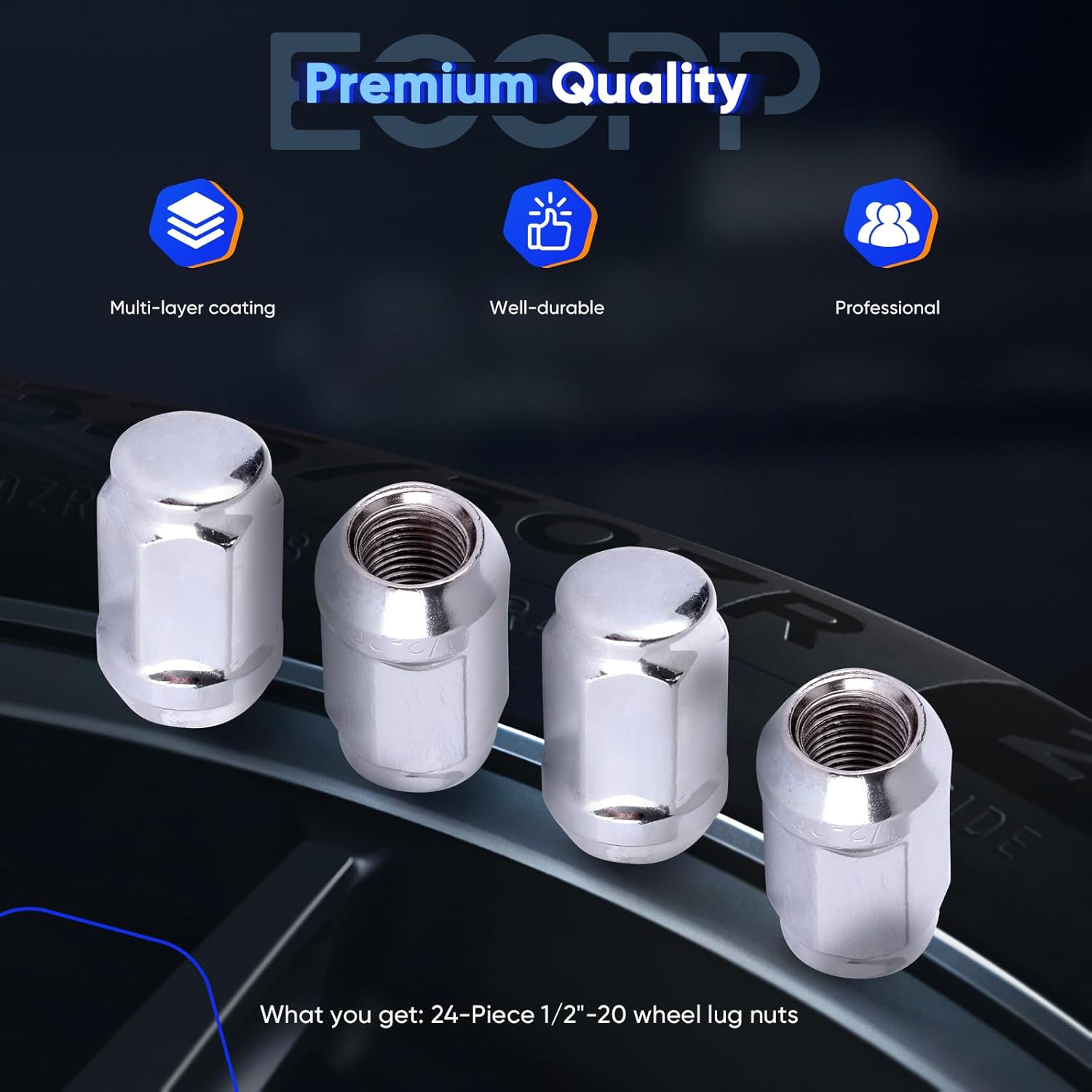 ECCPP 1/2 Wheel Lug Nuts 24 Pieces 1/2-20 Thread Size Silver Chrome Bulge Acorn Drive Close End 3/4" Socket Lug Nuts for Dodge Dakota Durango Viper 1991-2010