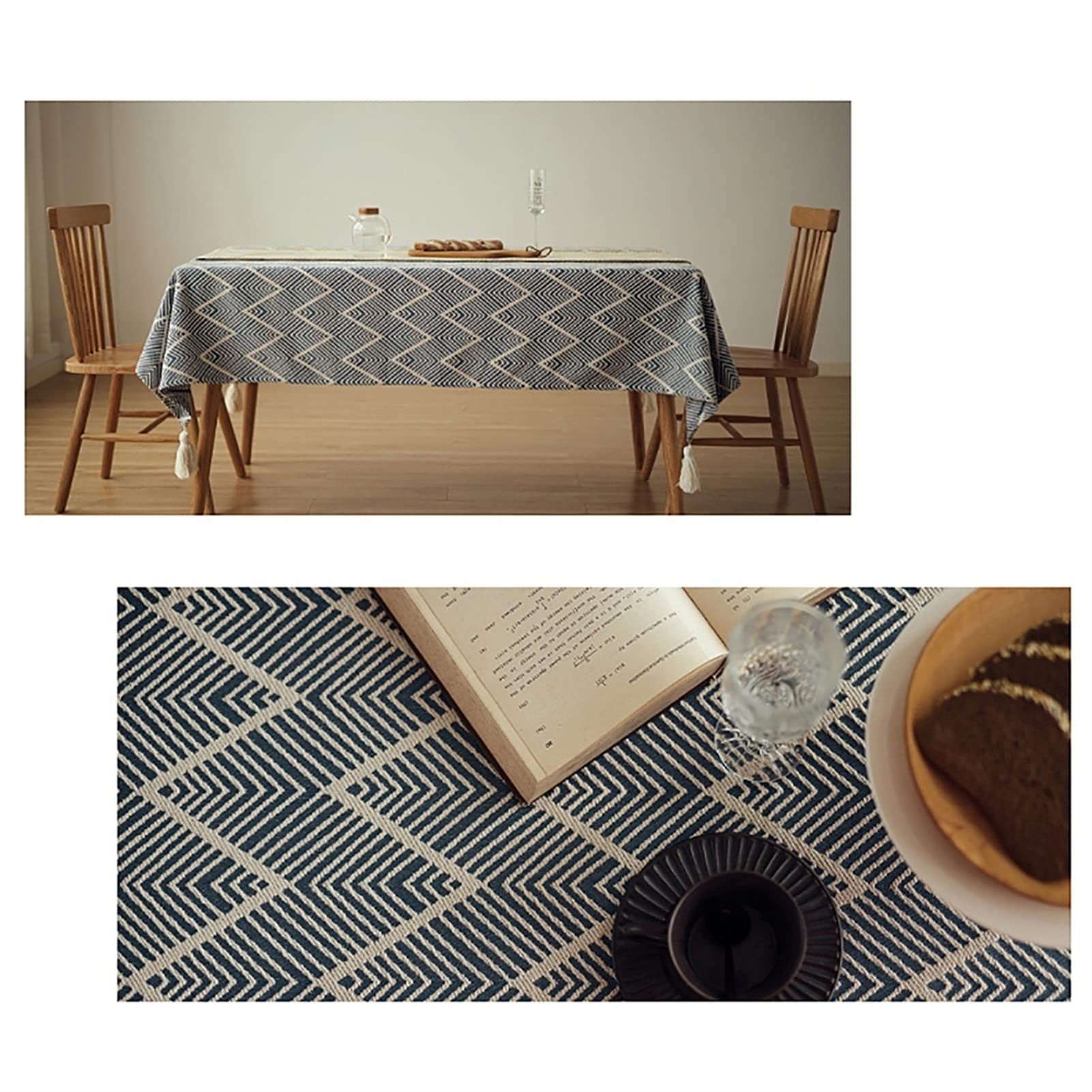 Granatowy prostokątny obrus bawełniany i lniany obrus na stół do jadalni z frędzlami, do kuchni, jadalni i na imprezy, 140 x 220 cm, elegancka dekoracja stołu