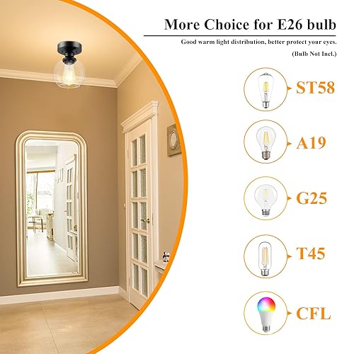 Miniatura 8 de Industrial Semi Flush Mount Ceiling Light, Vintage Hanging Ceiling Lamp, Seeded Glass Pendant Lamp Shade, Farmhouse Light Fixture for Porch Hallway