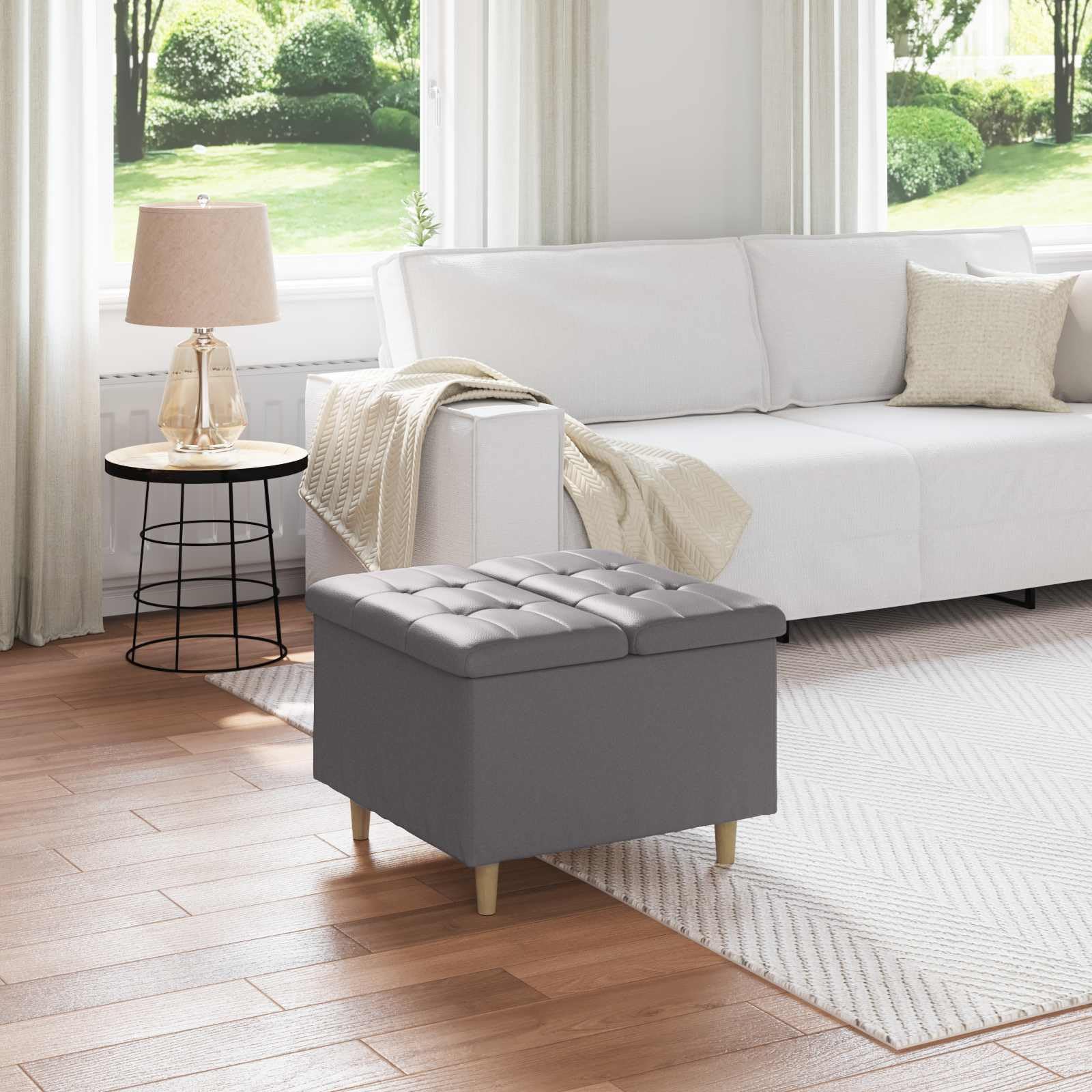 Rangement caché sous pouf gris 60x60 cm pour gagner de la place