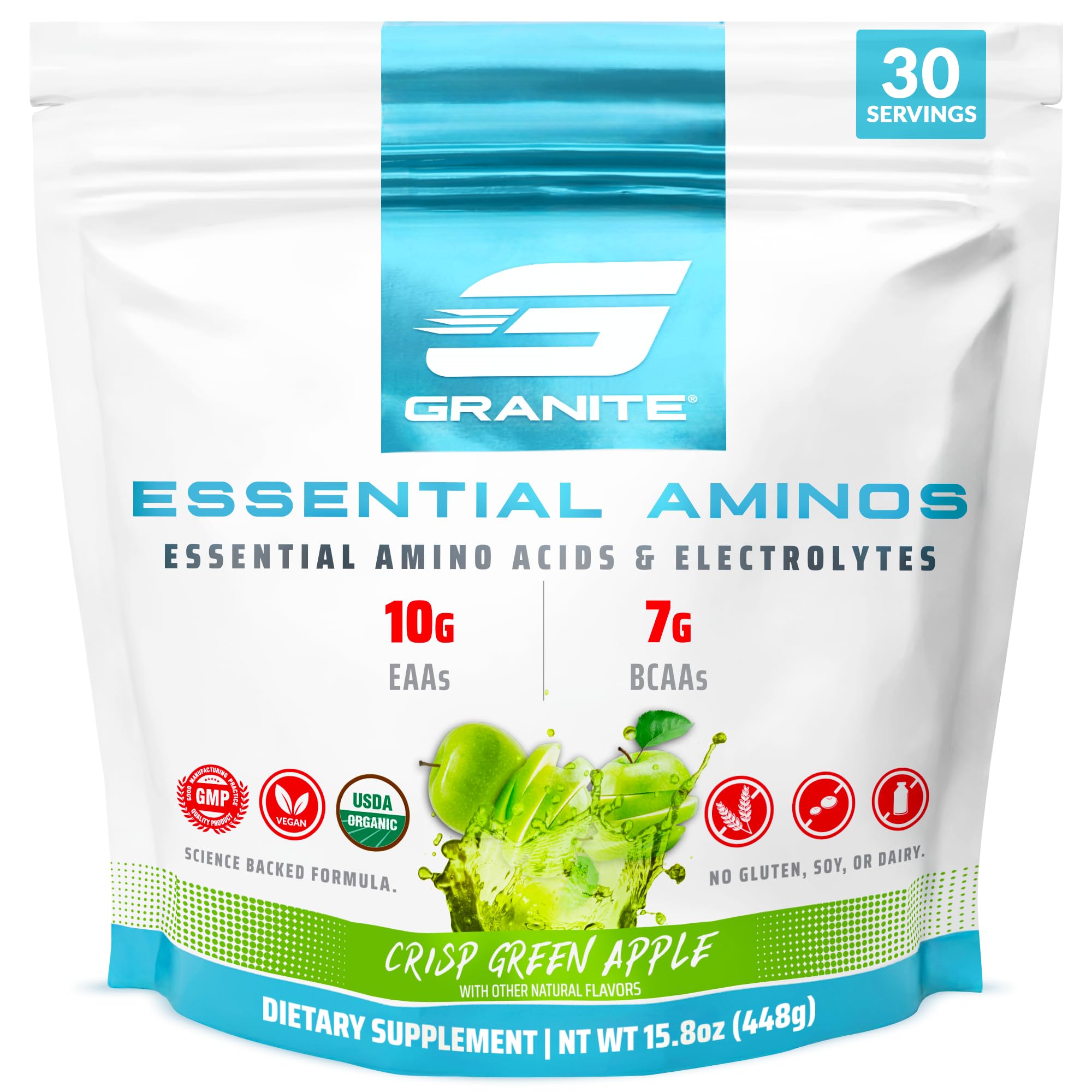 Essential Amino Acids + Branched Chain Amino Acids + Electrolytes (Green Apple) | 10g EAAs + 7g BCAAs | Supports Muscle Growth | Soy Free + Gluten Free + Vegan | Made in USA