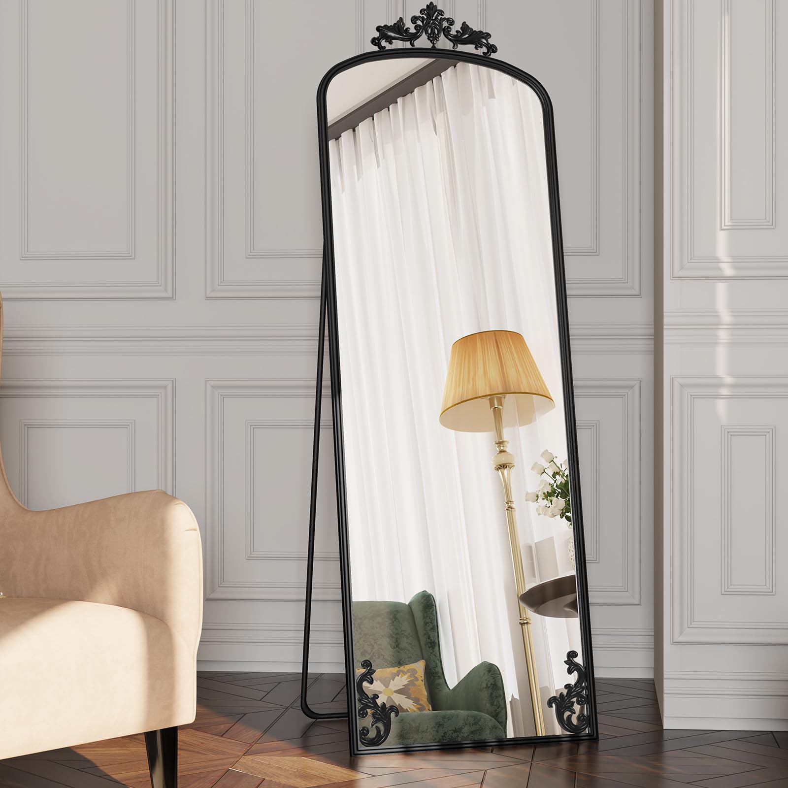 HLR 65"x21" Tall Arched Full Length Mirror, Vintage Full Body Mirrors with Carved Metal Frame, Freestanding Floor Mirror for Home Decor, Bedroom,