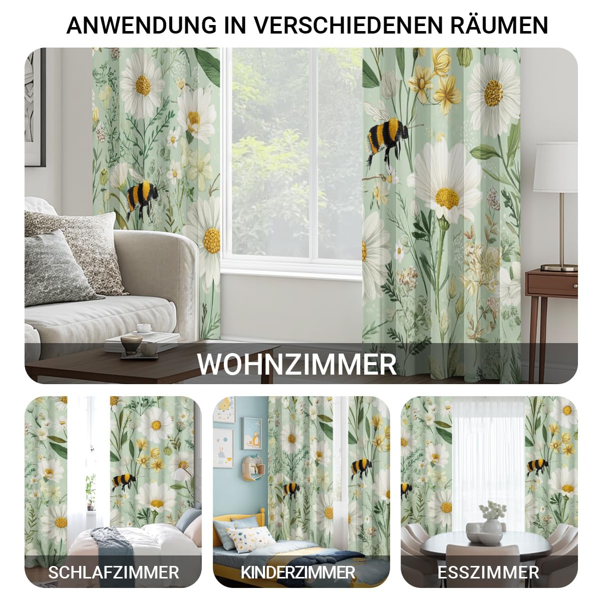 Générique Rideau Marguerite Abeille Rideaux Chambre Salon Fleur Vintage Rideau Occultant Thermique Isolant Anti-Chaleur Phonique Lot de 2 Rideaux à Oeillets 140x260 cm YGY38s