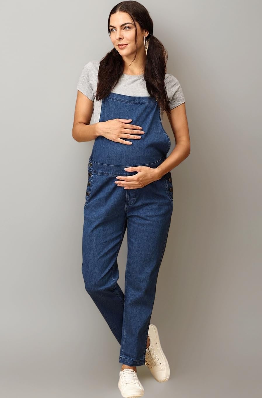 Maternity And Nursing Dungaree Dress | Denim With Elasticated Waist | Adjustable Shoulder Straps | Trendy Pre And Post Pregnancy Dress