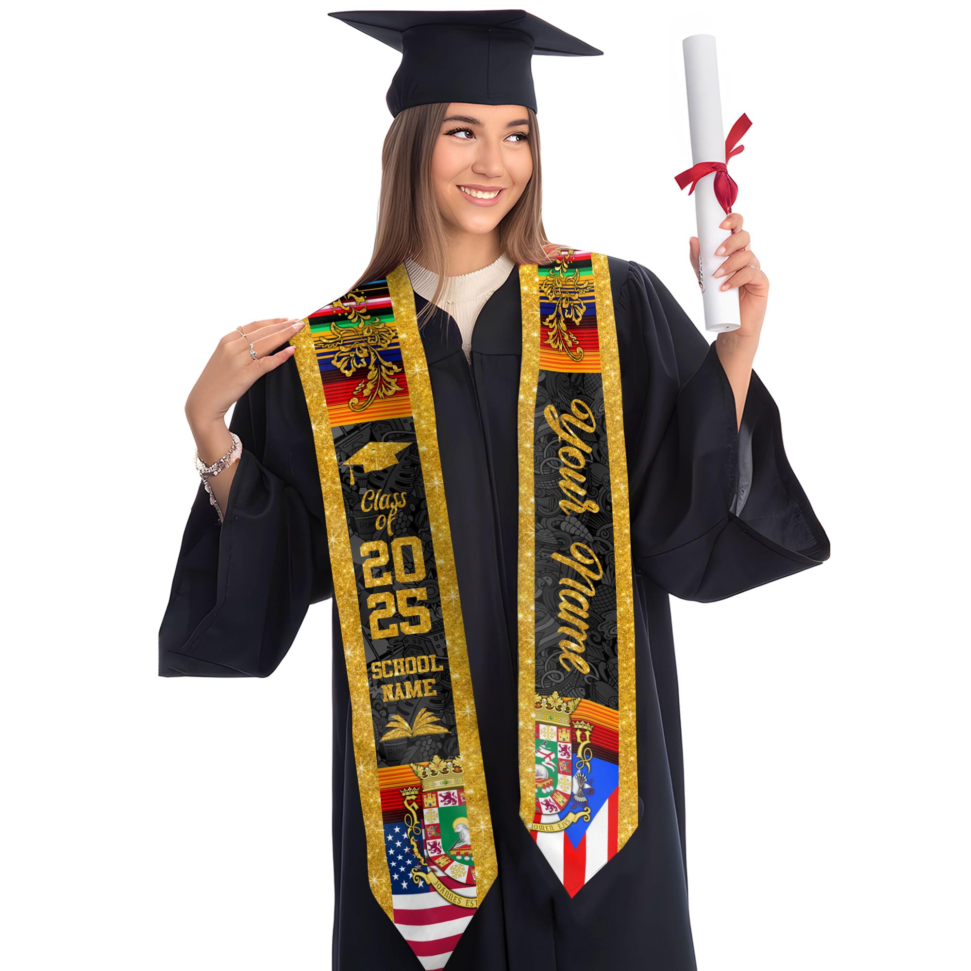 MonkeyVan Custom Puerto Rican Graduation Stole, Puerto Rico Graduation Sash, Puerto Rico American Flag Grad Sash Class Of 2025 Pr 5