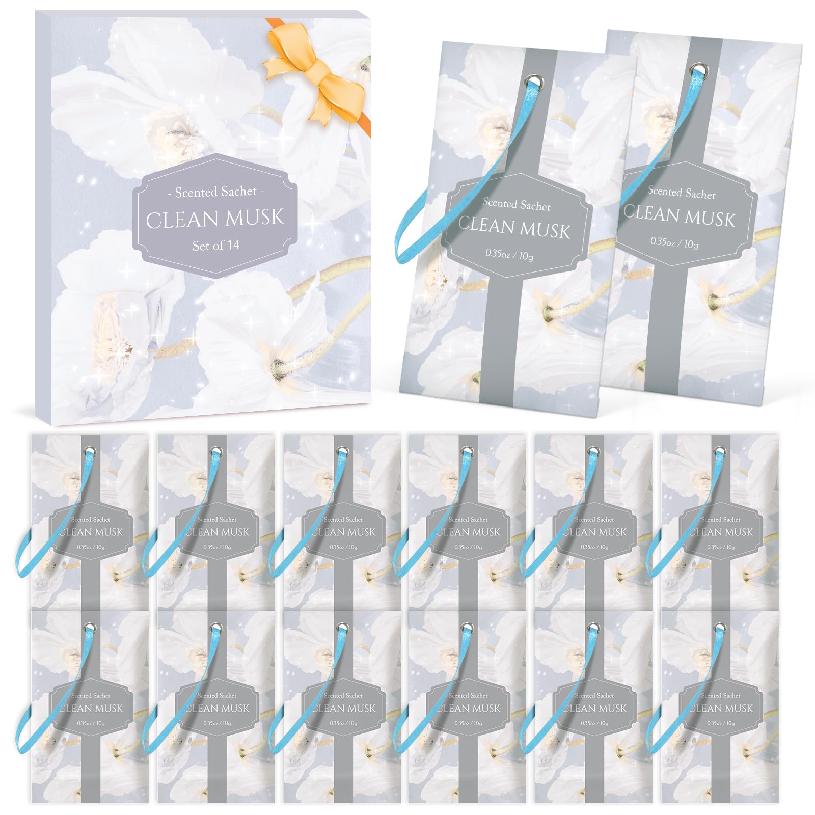 SCENTORINI Clean Musk Scented Sachets 14 Pack, Soft Wardrobe & Drawer Fresheners for Clothes, Bedding, Closets and Storage Spaces