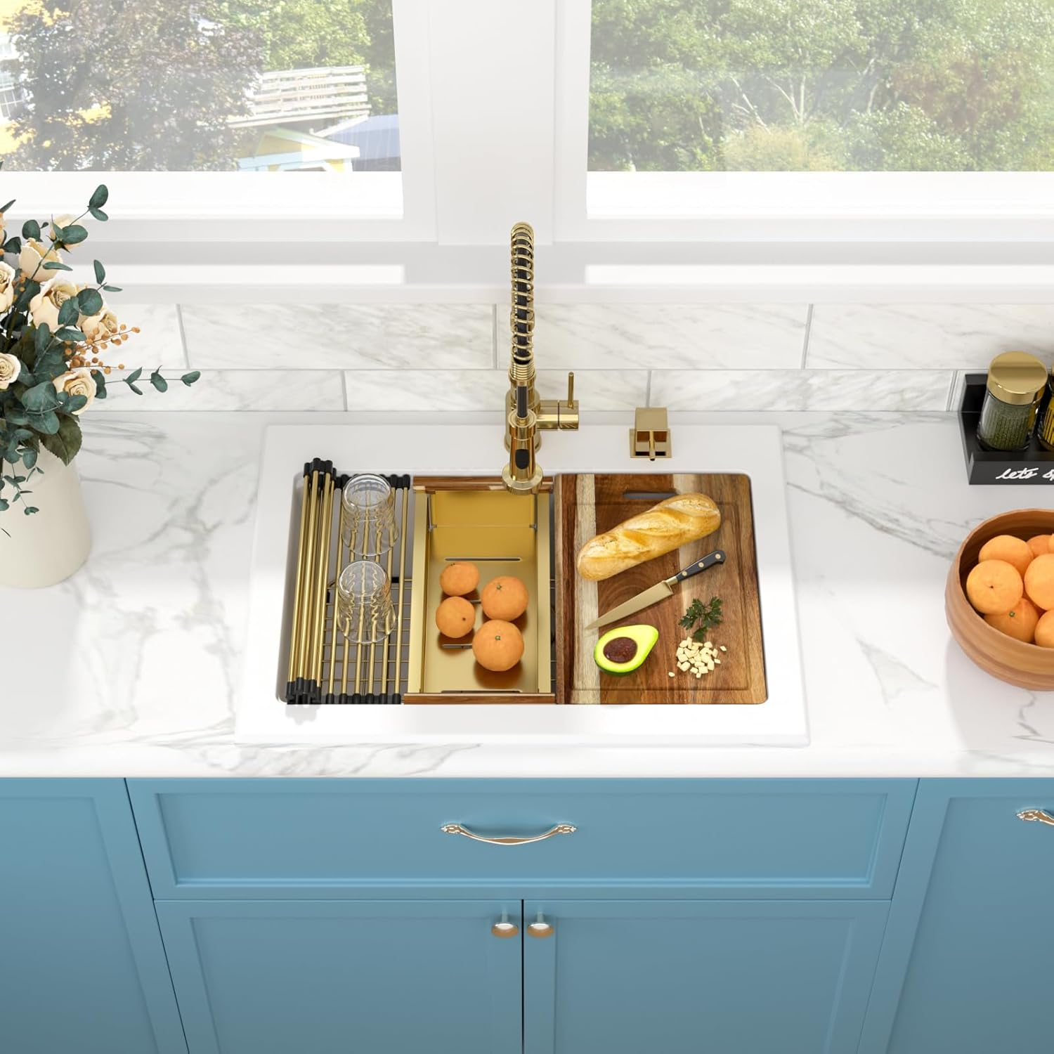 Sarlai 30 Granite Composite Kitchen Sink - 30"x22" Drop In Kitchen Sink Ledge Workstation White Granite Quartz Composite Top-Mount Single Bowl Sinks Basin with Gold Accessories