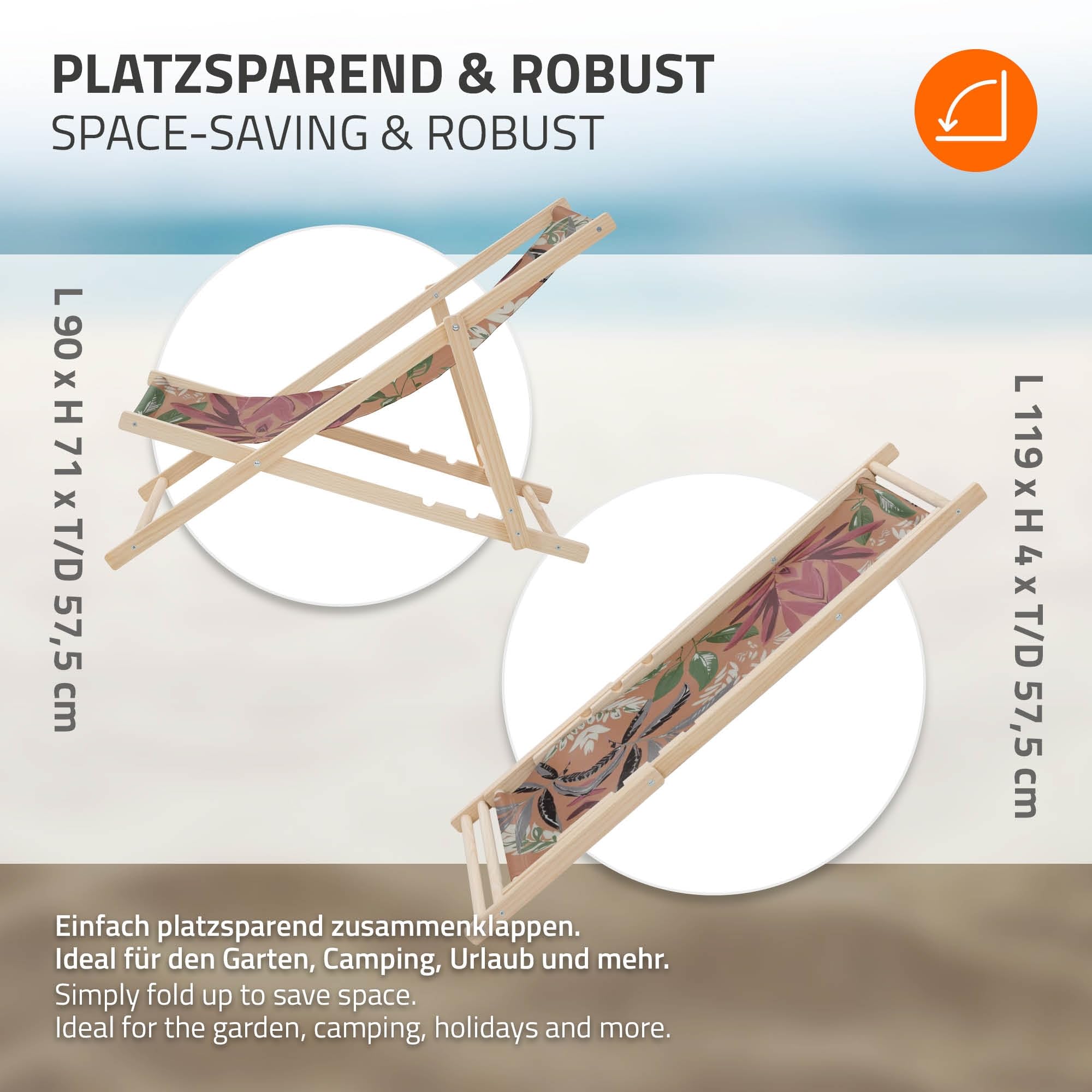ECD Germany Zestaw 2 Lezak Skladany Drewniany plazowy Floral brazowo-czerwono-zielony do 120 kg z 3-stopniowa regulacja oparcia krzeslo relaksacyjne balkon taras ogród komfortowy stabilny i praktyczny
