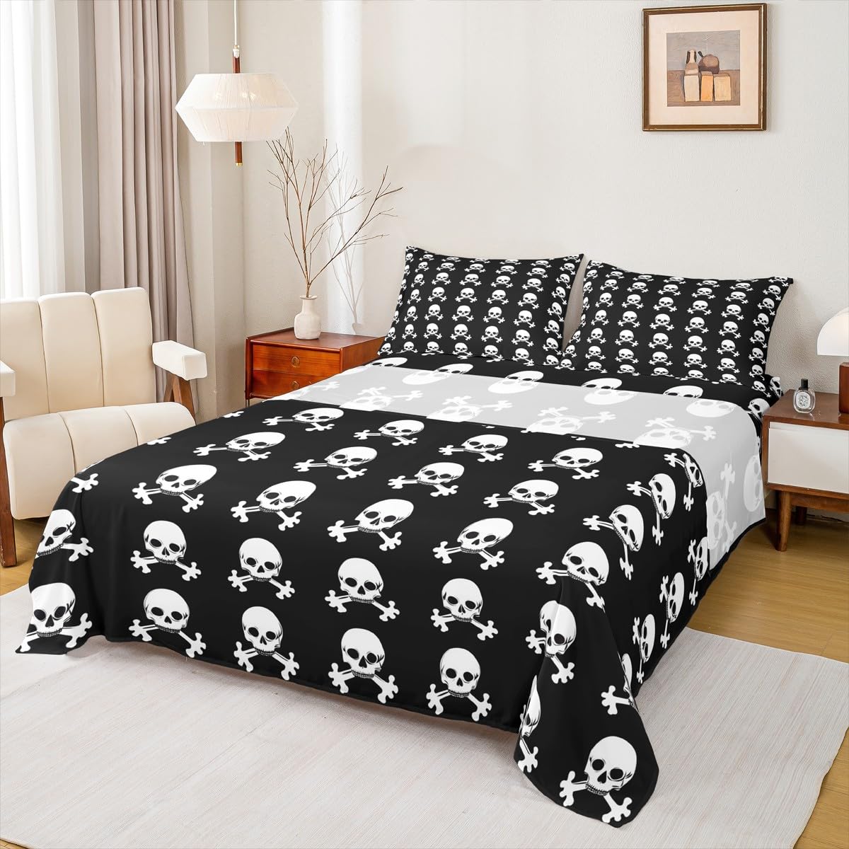 Homewish Juego de ropa de cama doble con diseño de calavera de azúcar, decoración gótica espeluznante, sábanas bajeras de Halloween, 4 piezas