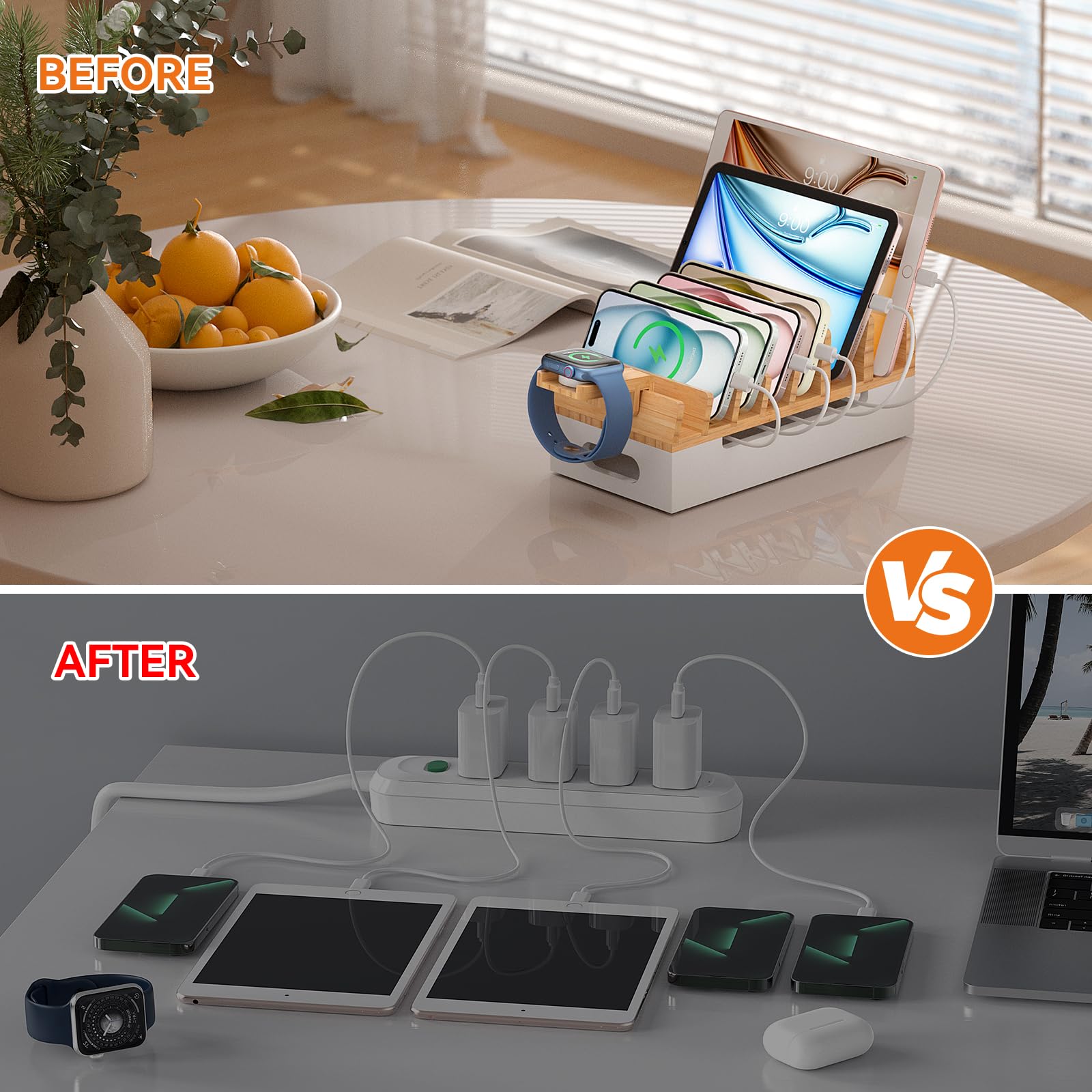 Pezin & Hulin Station de charge en bambou avec support de montre, support d'accueil pour appareils multiples avec hub de chargeur USB, 5 câbles de charge, organiseur électronique de bureau pour