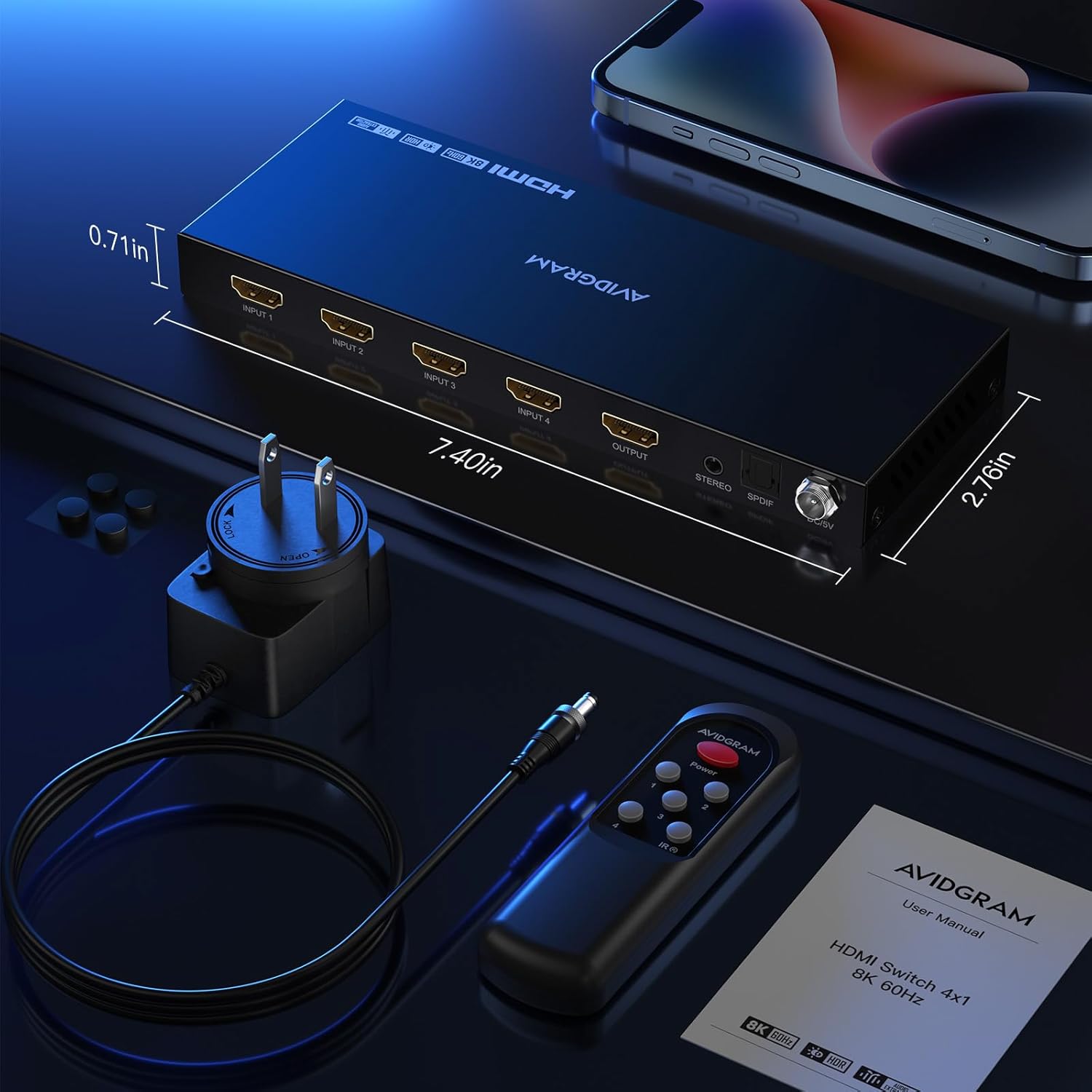 AVIDGRAM HDMI 2.1 Switch 4 in 1 Out, 8K60Hz / 4K120Hz Gaming HDMI Switcher with Audio Extractor, 48Gbps HDR10 VRR ALLM, SPDIF Optical & 3.5mm Audio Out, Remote, for PS5 Xbox Series X TV