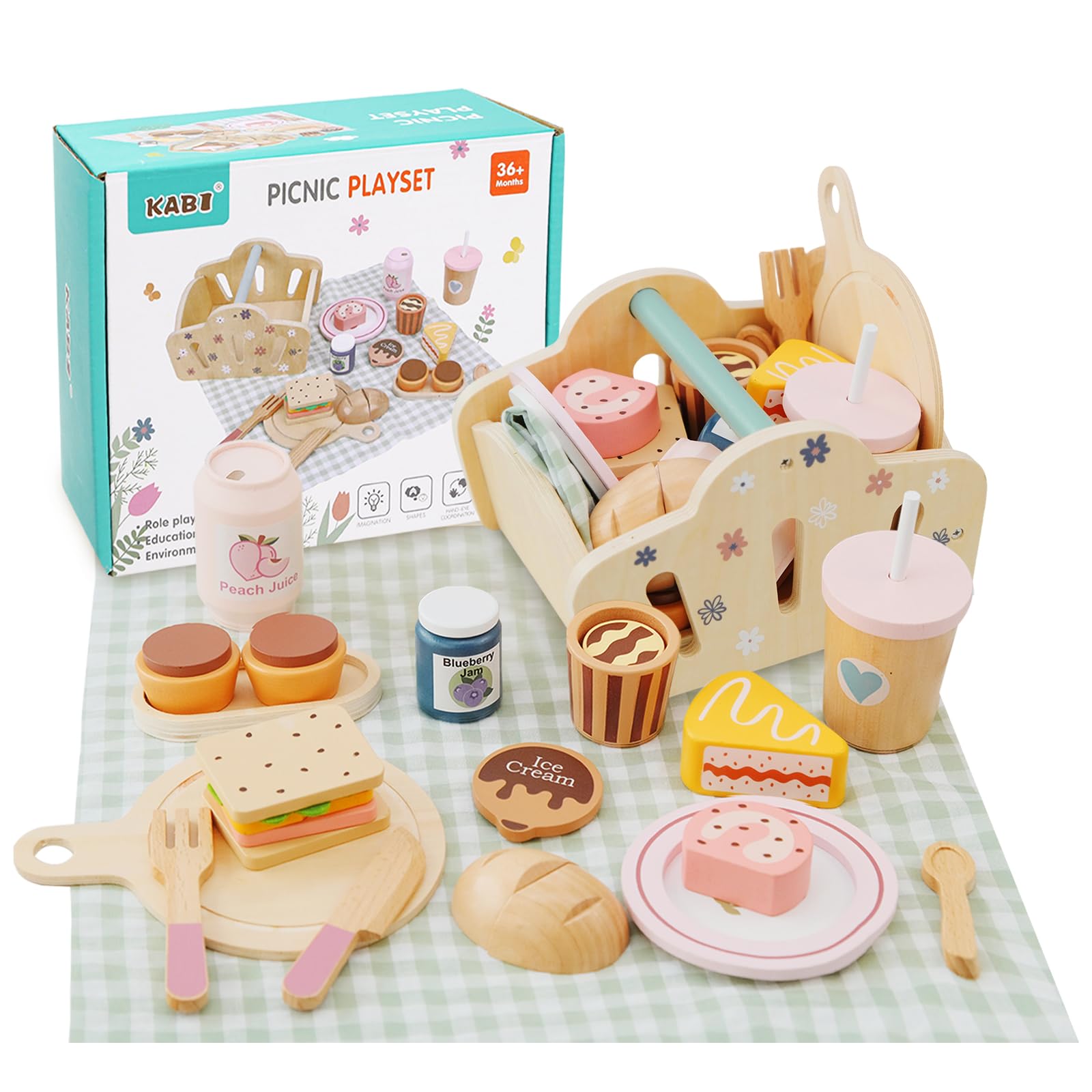 Potatomato Kinder Picknick-Set mit Teeservice Kinder inkl Dessertspielzeug - Holzspielzeug und Outdoor-Gartenspielzeug Jungen und Mädchen