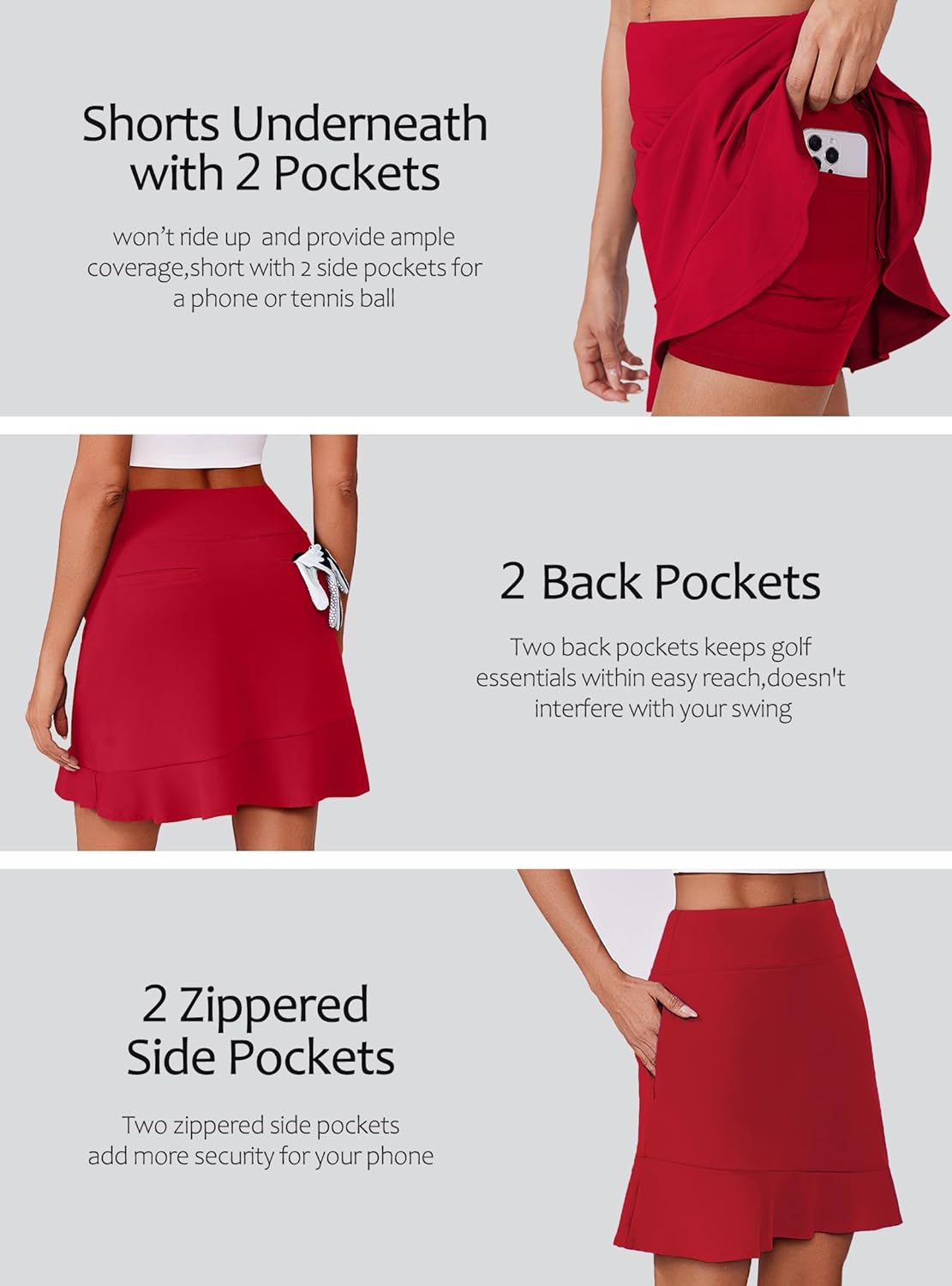 PINSPARK 18" Golf Skorts Skirts for Women with 6 Pockets UPF50+ Athletic Tennis Skorts High Waist Modest Casual Ruffle Skirt