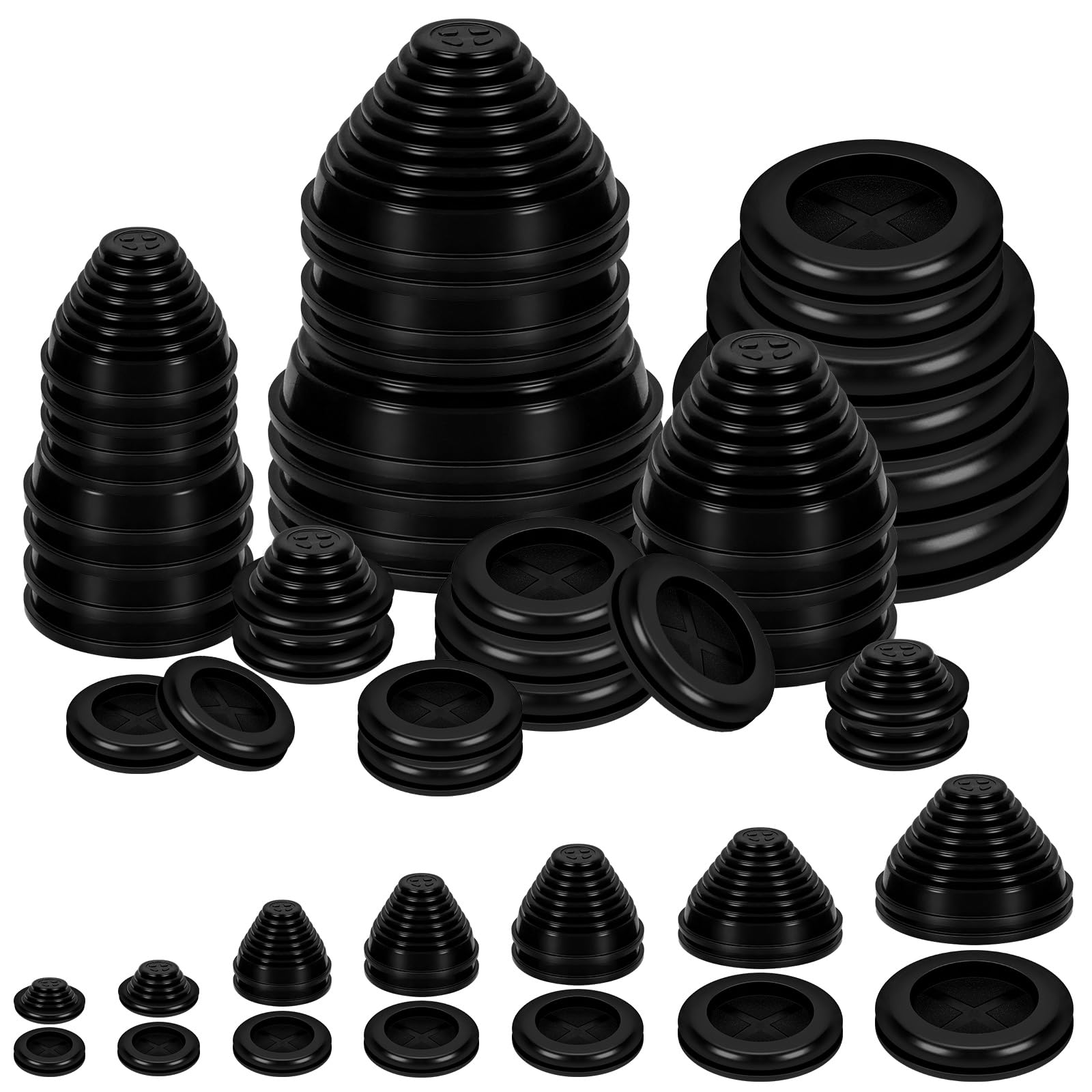 Glarks 28pcs 7 Sizes Rubber Grommets, Black Round Double Sided and Tower Shaped Drill Hole Grommet, Wire Protection Firewall Grommet, Rubber Hole Plug