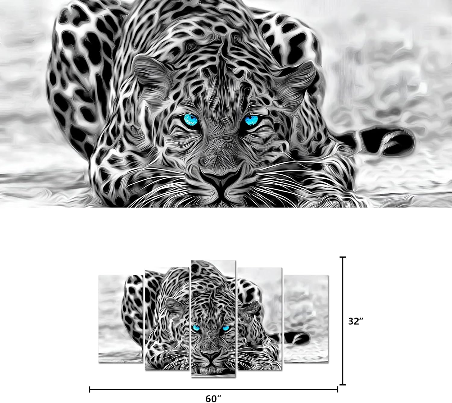 Visual Art Decor Wildlife Animal Canvas Wall Art Black and White Leopard with Blue Eyes Picture Prints Large 5 Pieces Artwork for Modern Living Room Bedroom Office Decoration