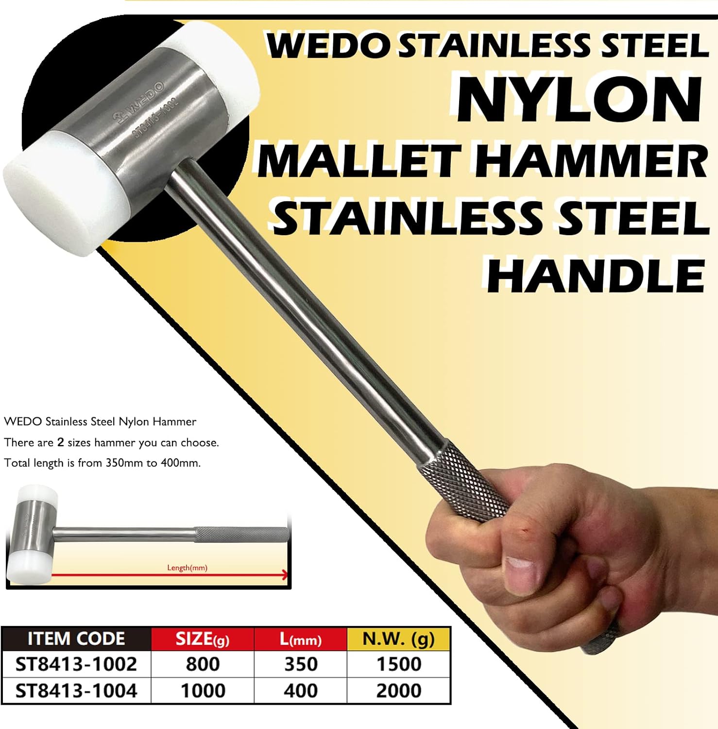 WEDO Stainless Nylon Hammer with with Stainless Steel Handle, Corrosion Resistant, Rust Proof, Durable, Environmental friendly, 1000g Head, 400mm Length, 16"