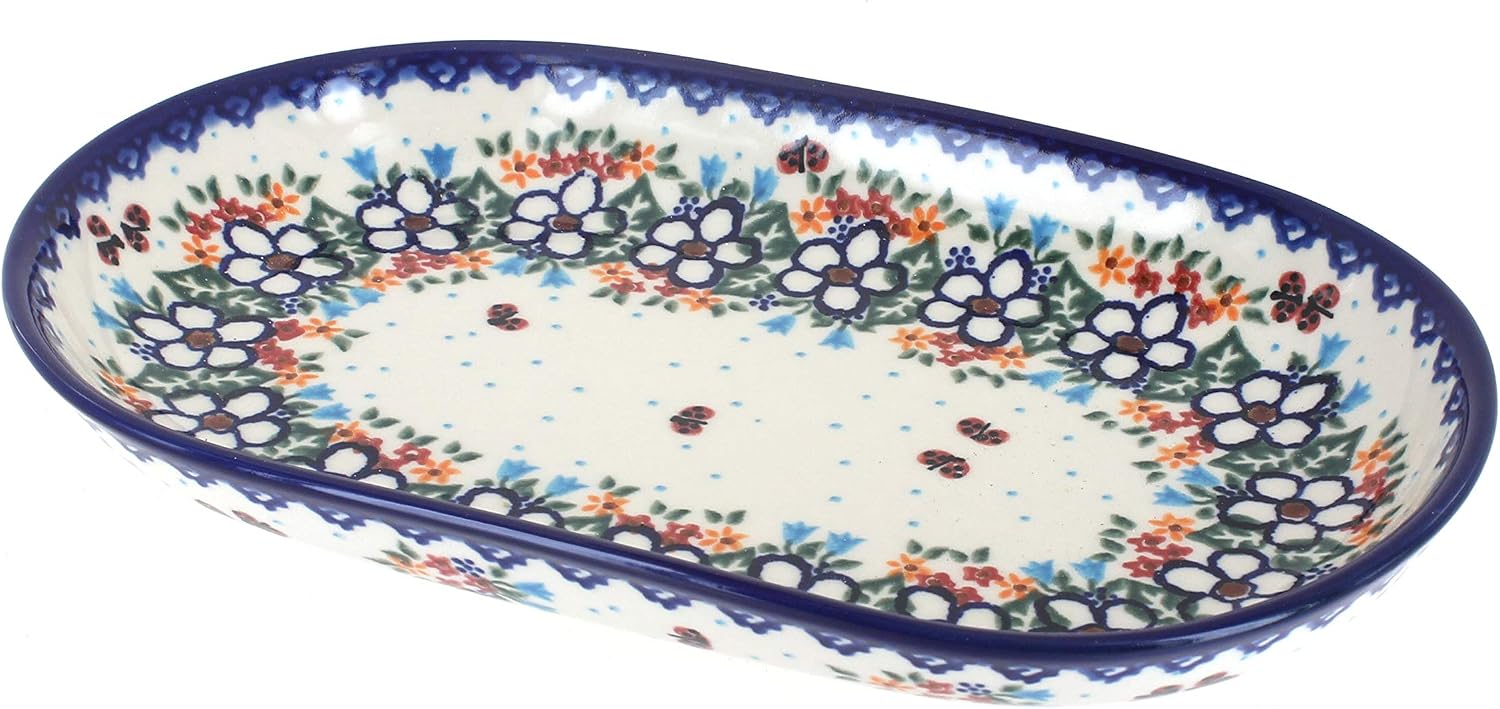 Blue Rose Polish Pottery - Brown Aztec Flower Medium Oval Dish - 10.75" x 6.75" - Unique Platter for Dinner Parties, Very Durable & Dishwasher Safe