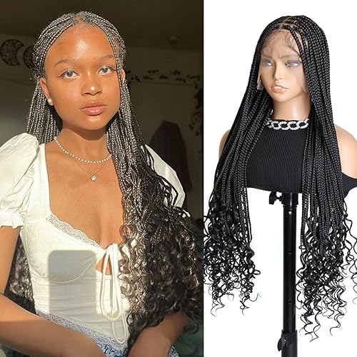 Peluca de trenzas de encaje frontal HD de 30 pulgadas de 13 x 8 pulgadas con rizado francés, pelucas trenzadas con extremos rizados, pelucas
