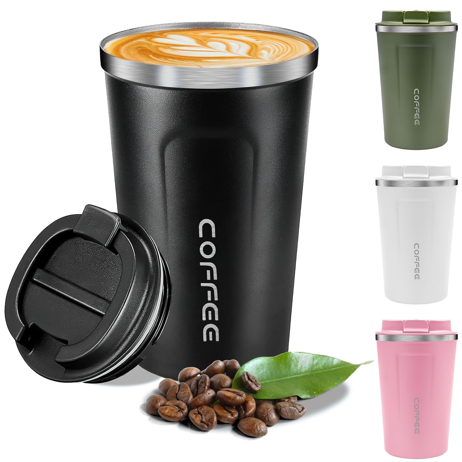 Lot de 4 tasses à café à emporter - 380 ml - Gobelets isothermes à double paroi avec couvercle anti-fuite - Tasse de voyage pour café et thé - Blanc, vert, noir, rose