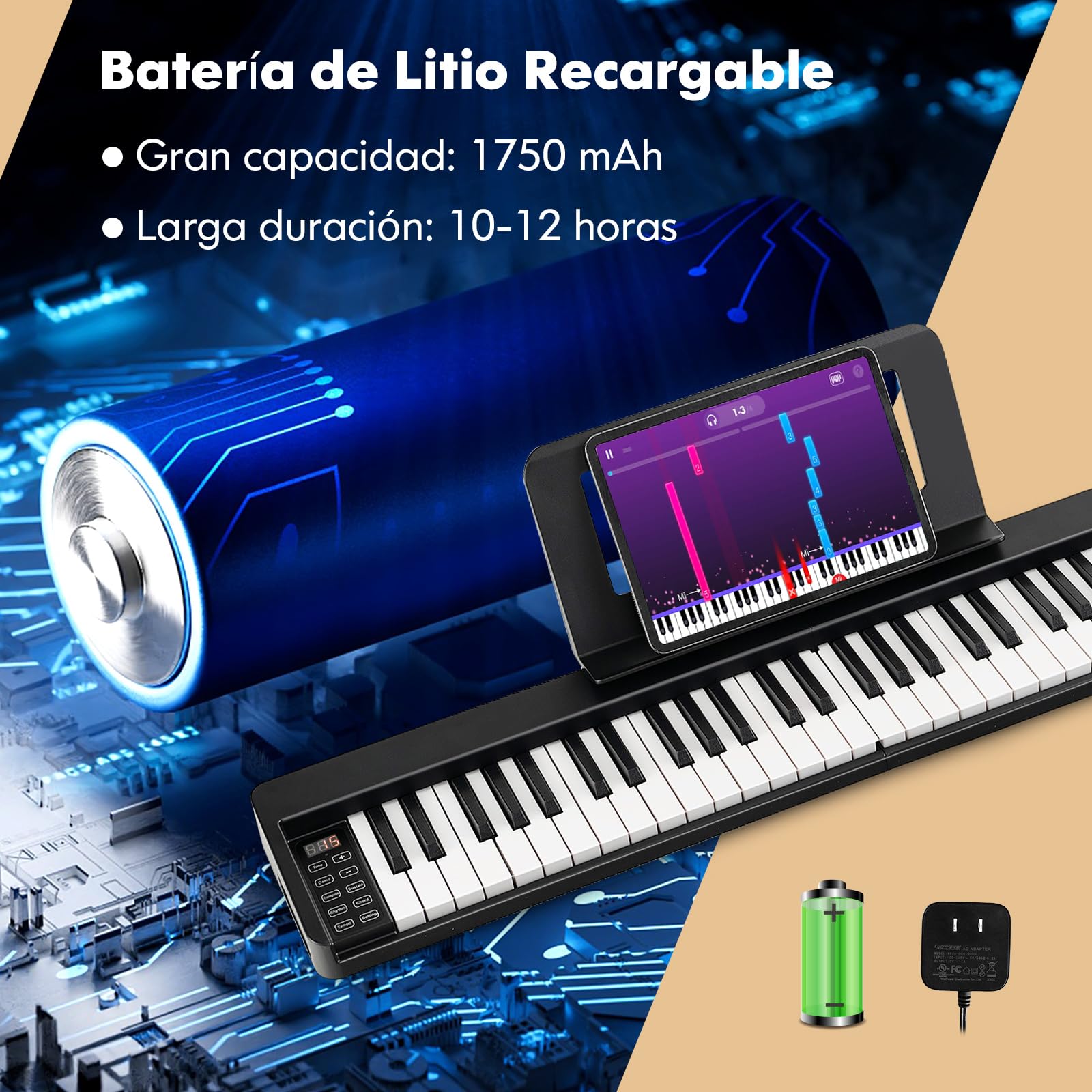 COSTWAY Teclado de Piano Plegable de 61 Teclas, Piano Eléctrico Portátil con Teclas de Tamaño Completo, Atril, Pedal de Sustain, MIDI, Bolsa para Piano, para Adolescentes y Adultos